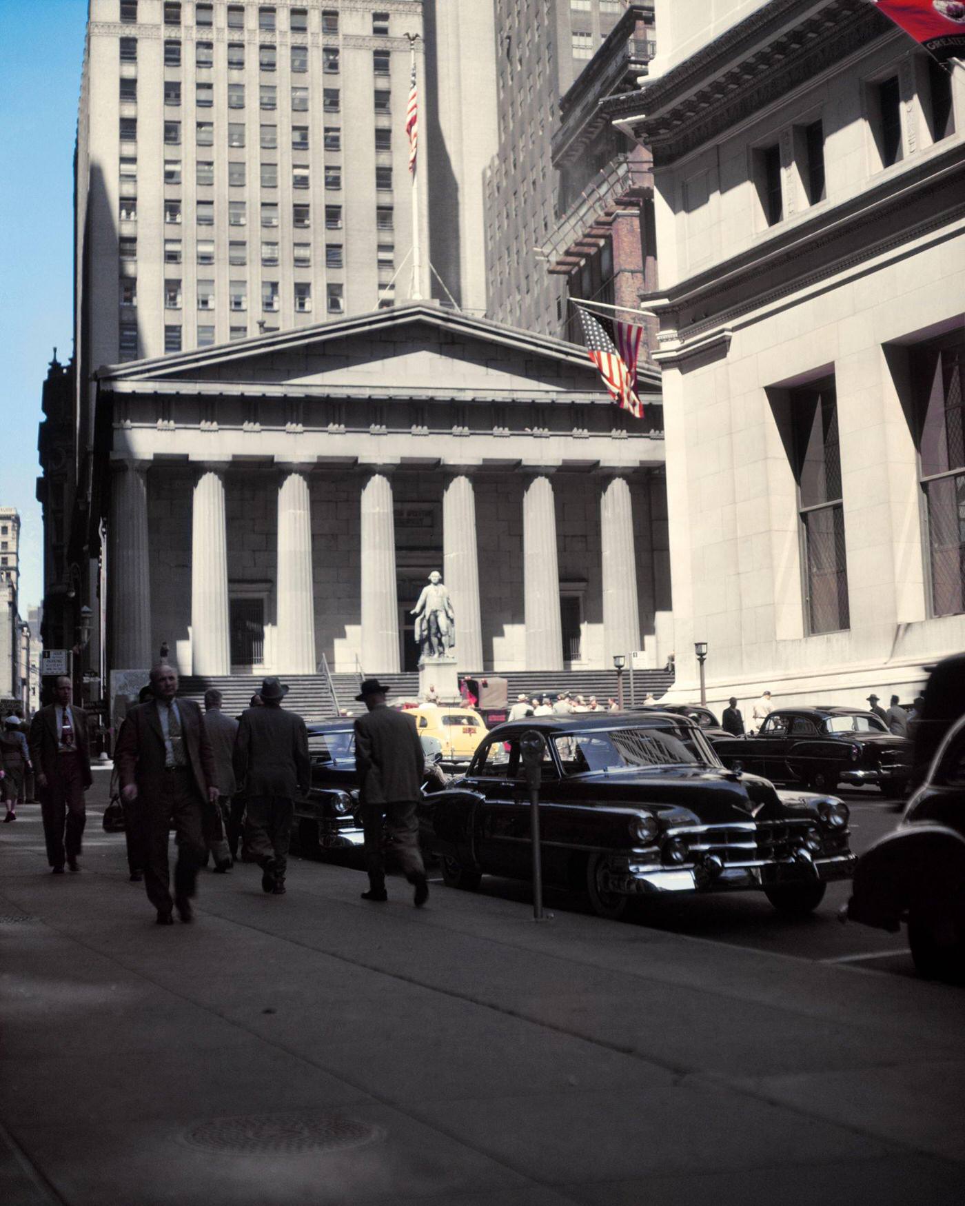 Wall Street View Towards Statue Of George Washington, Manhattan, 1950S.