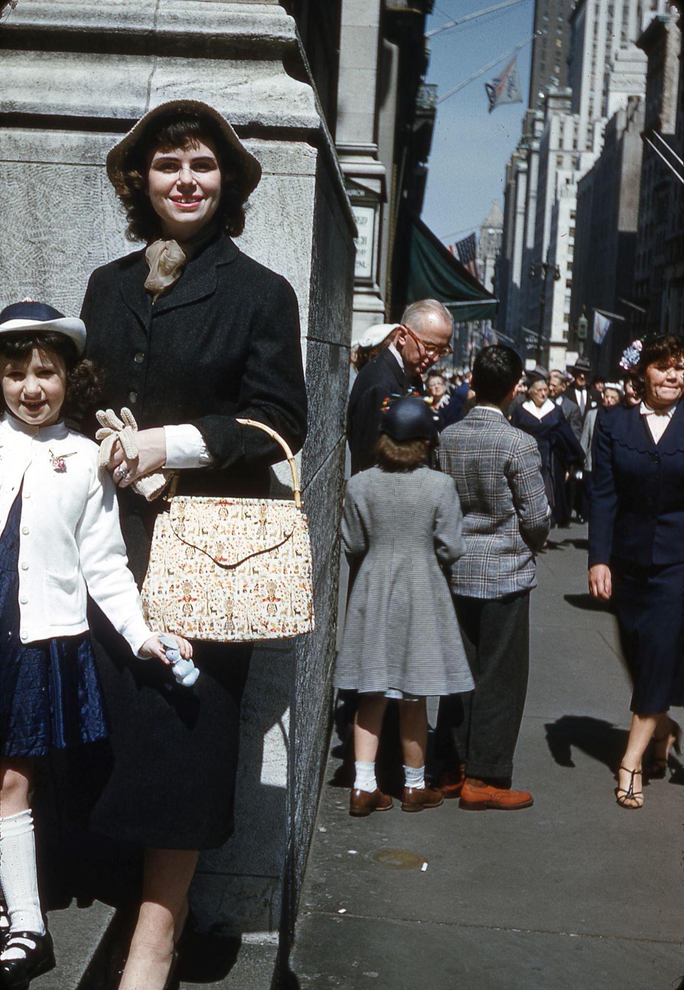 Woman And Child Posing In Front Of St Thomas Church At 5Th Avenue And 53Rd St, Manhattan, 1955.