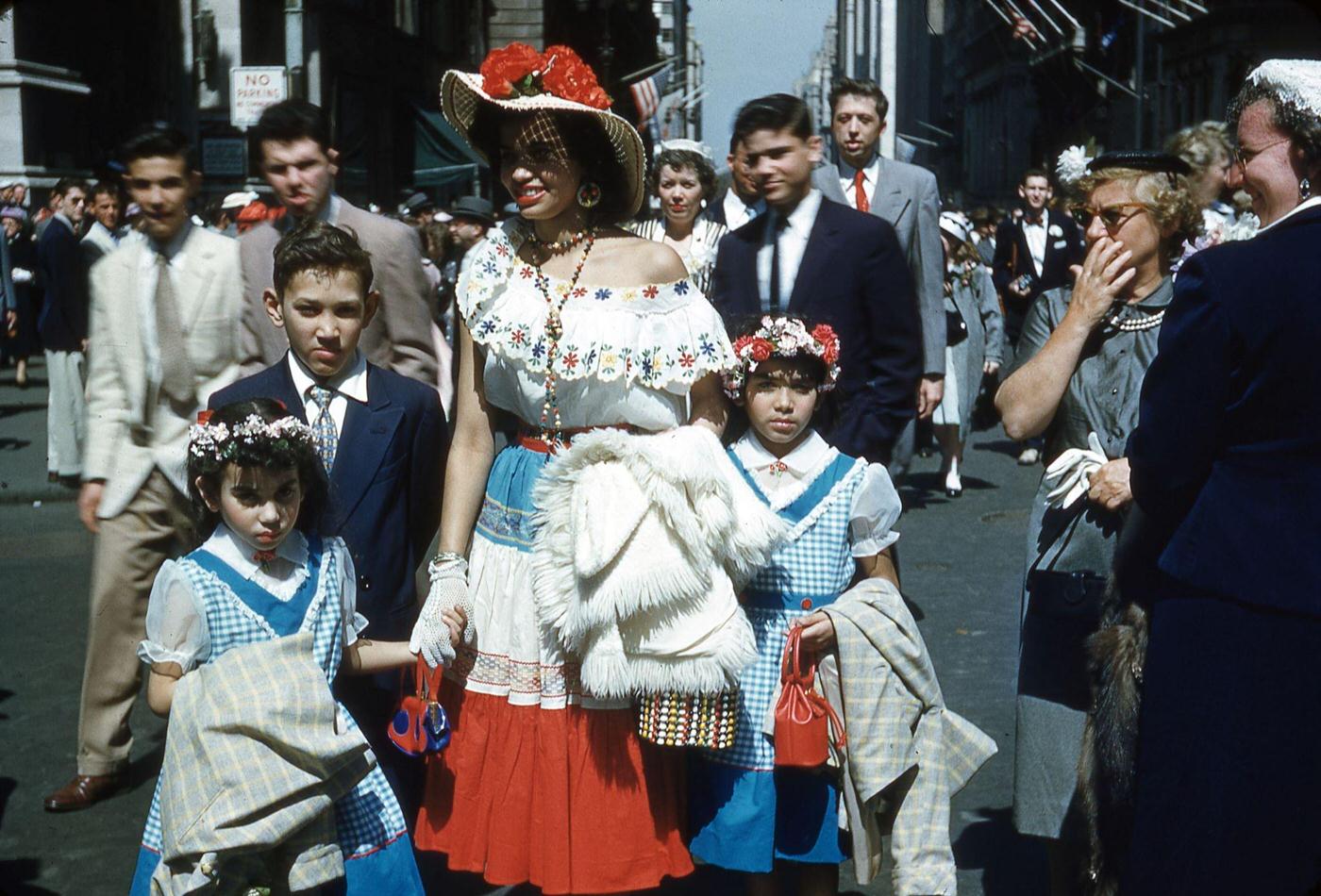 Woman And Children In &Amp;Quot;Mambo Style&Amp;Quot; Clothing At Nyc Easter Parade, Manhattan, 1955.