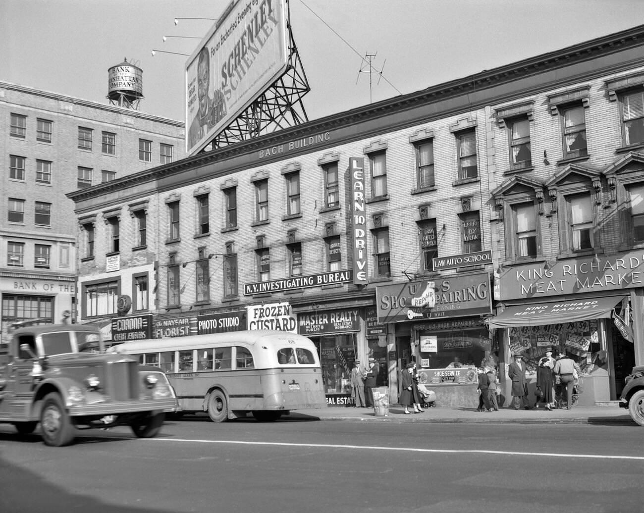 Main Street In Flushing, Queens With Storefronts, Buses, And Shoppers, 1950S