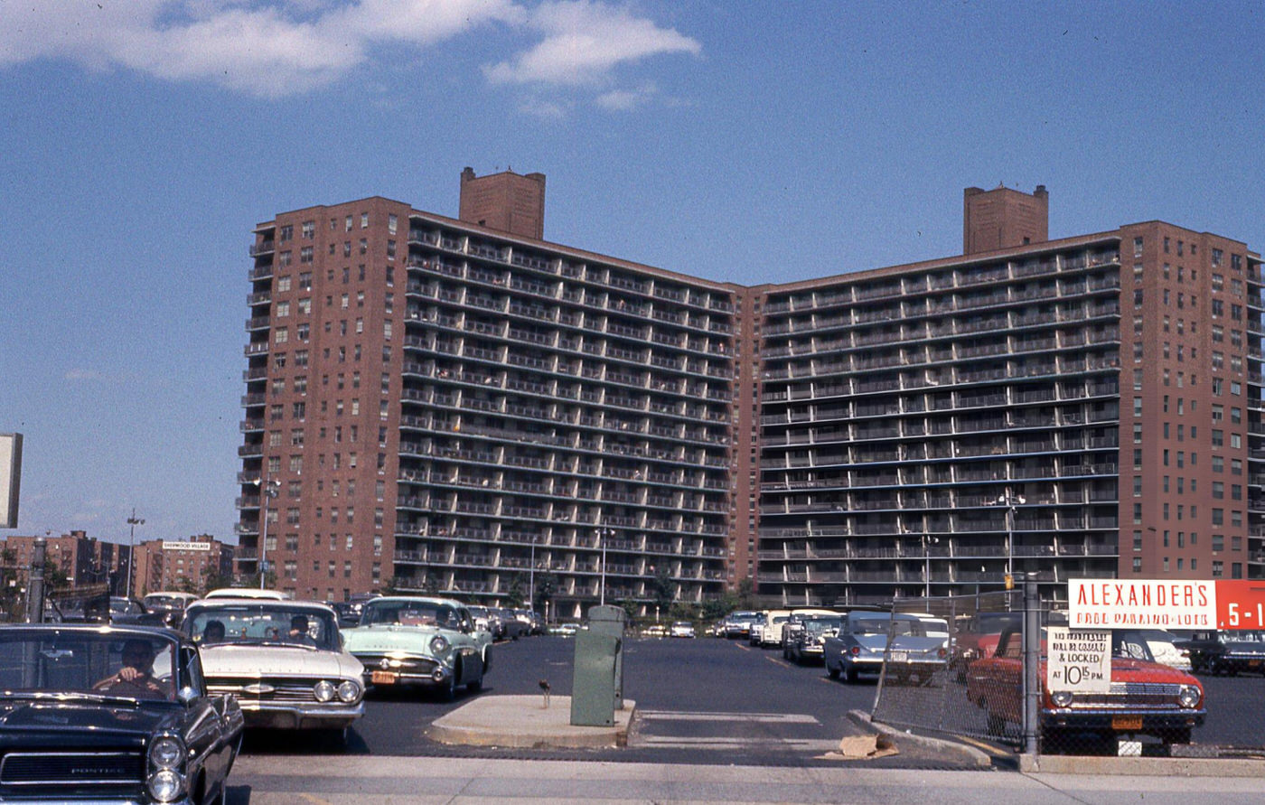 Vehicle Traffic Leaving The Parking Lot For Alexander'S Department Store In Rego Park, Queens, 1963.