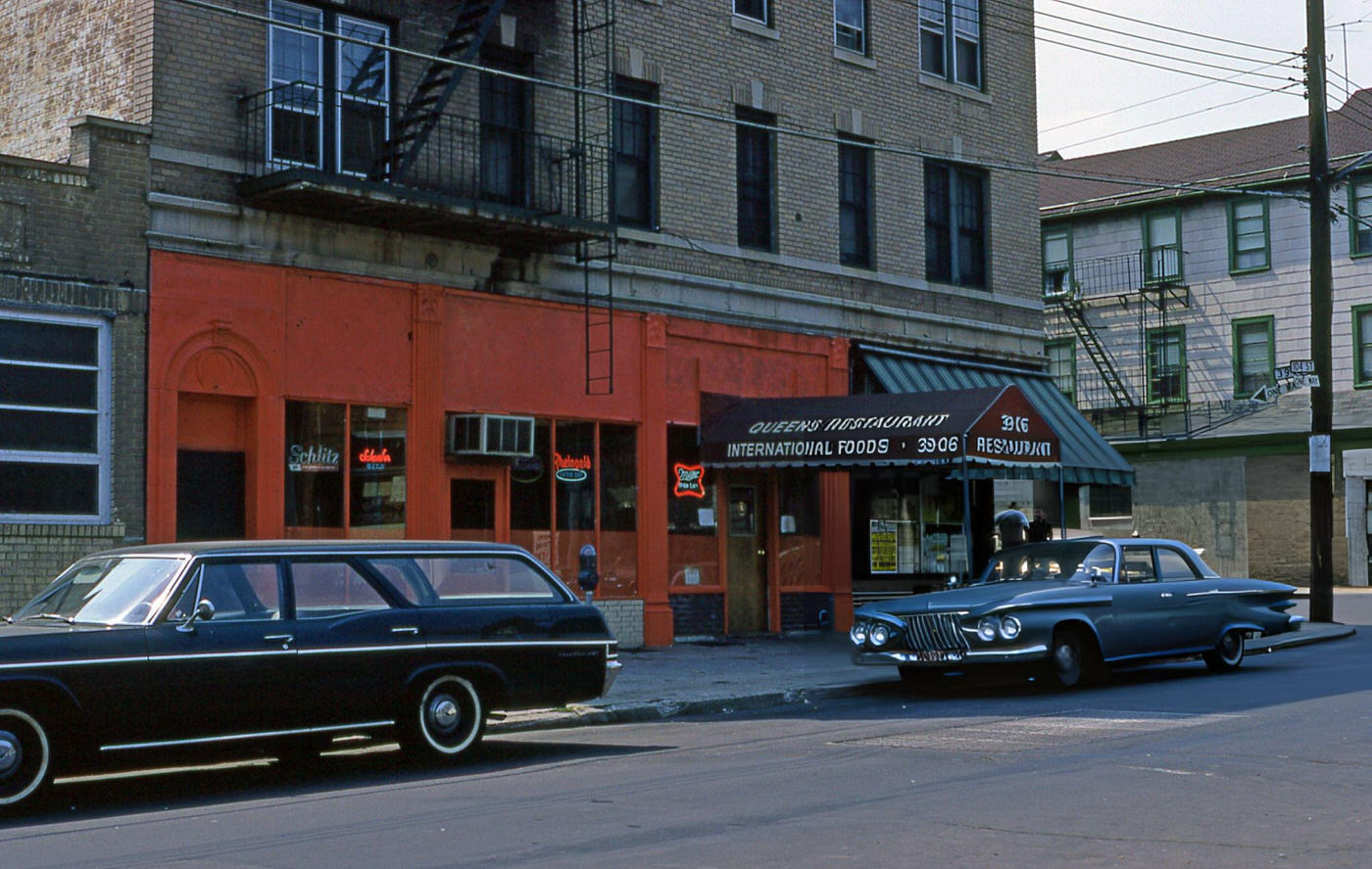 Exterior Shot Of The Queens Restaurant (Featuring 'International Foods') In Corona, Queens, 1966.