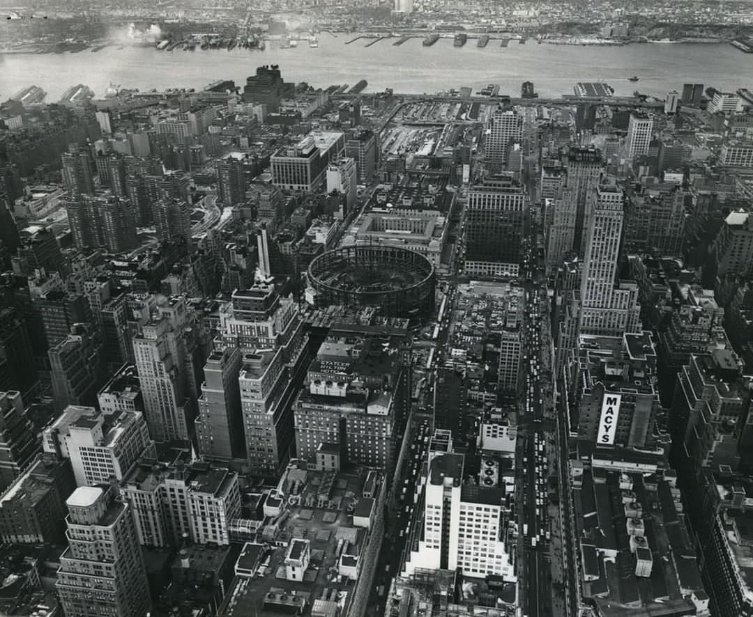 Aerial View Of Ny Skyline; Madison Square Garden Under Construction, 1967.
