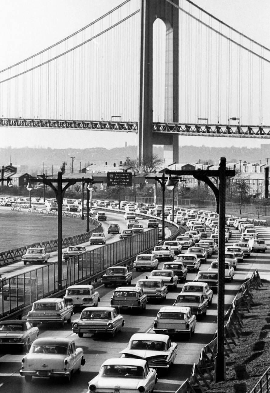 Opening Day Traffic Jam On The Verrazano-Narrows Bridge Connecting Brooklyn To Staten Island, 1964.