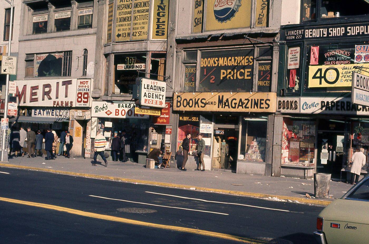 View Of Book Stores, Employment Agencies, And Beauty Supply Shops Lining 42Nd Street In Times Square, Manhattan, 1970