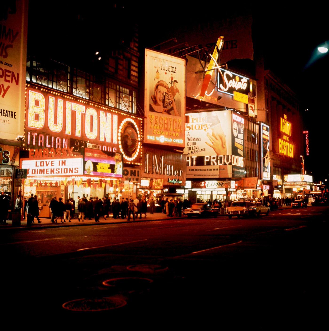 Night View Of Broadway Avenue And Times Square In Manhattan, 1970S.