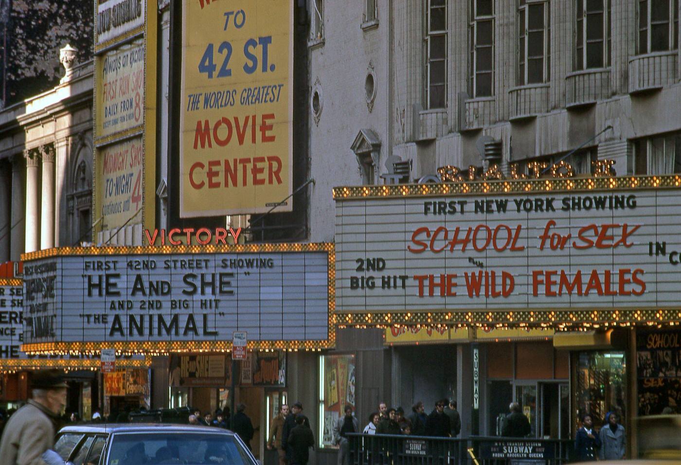 View Of Several Adult Movie Theaters Showing On 42Nd Street In The Heart Of Times Square, Manhattan, 1971.