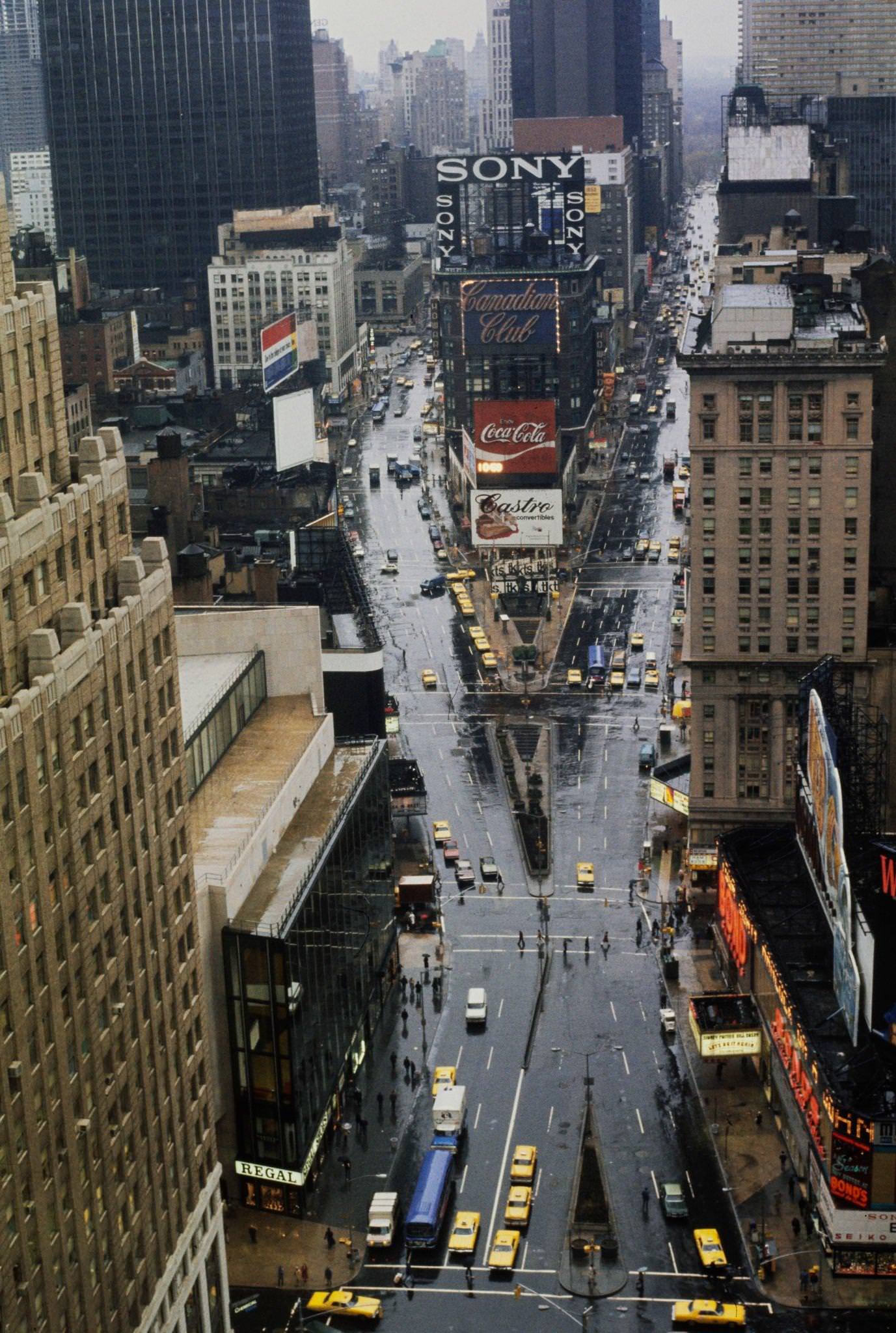 Aerial View Of Times Square In Manhattan On A Rainy Day, 1975.