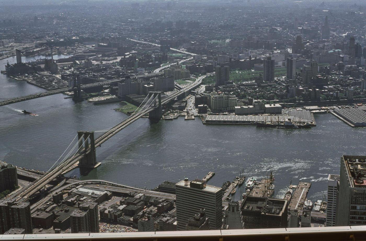 Aerial View From Twin Towers Towards Brooklyn Bridge And Manhattan Bridge, Manhattan, 1976