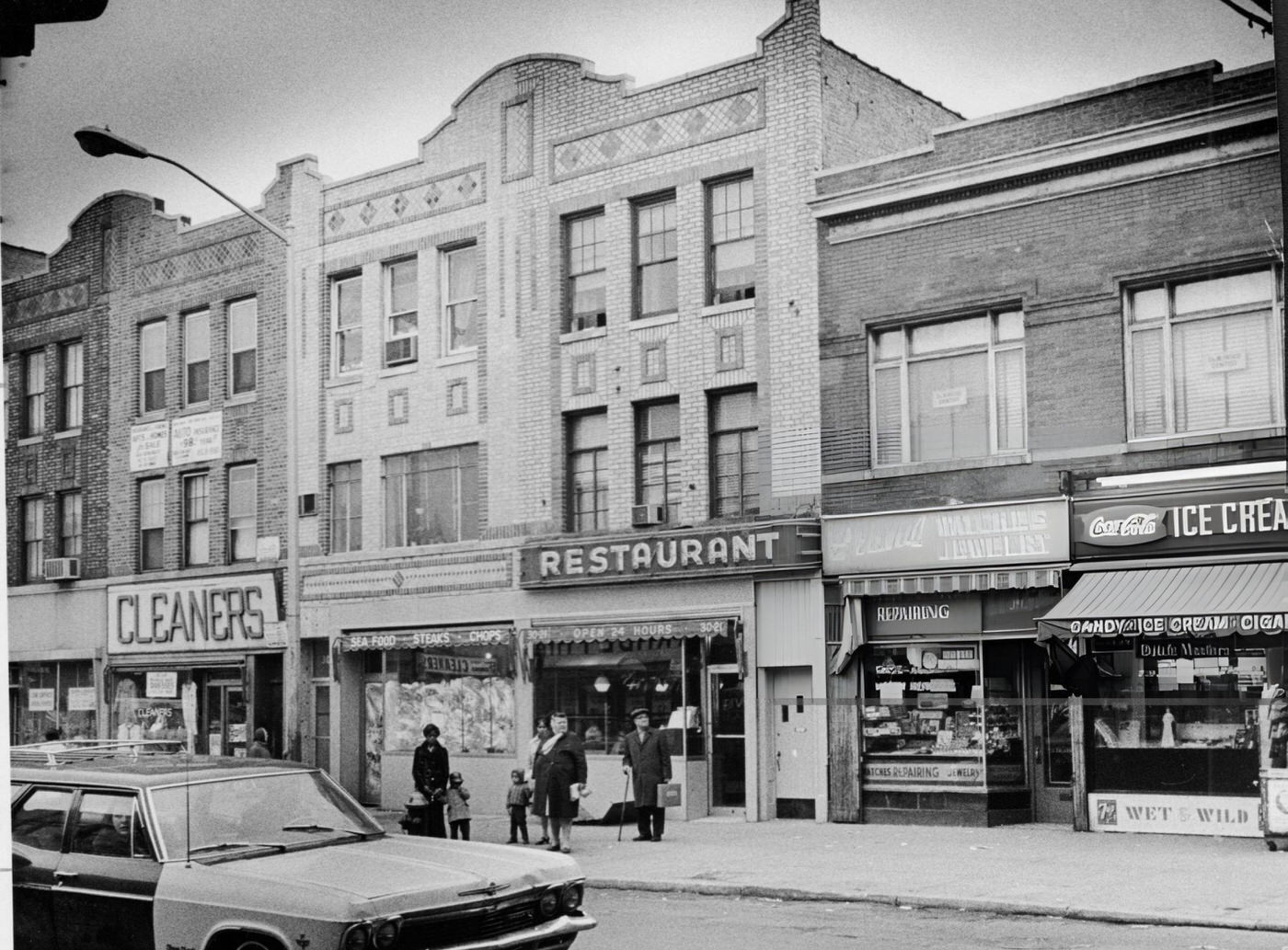 Street Scene In Astoria, Queens With The Keystone Restaurant, 1970.