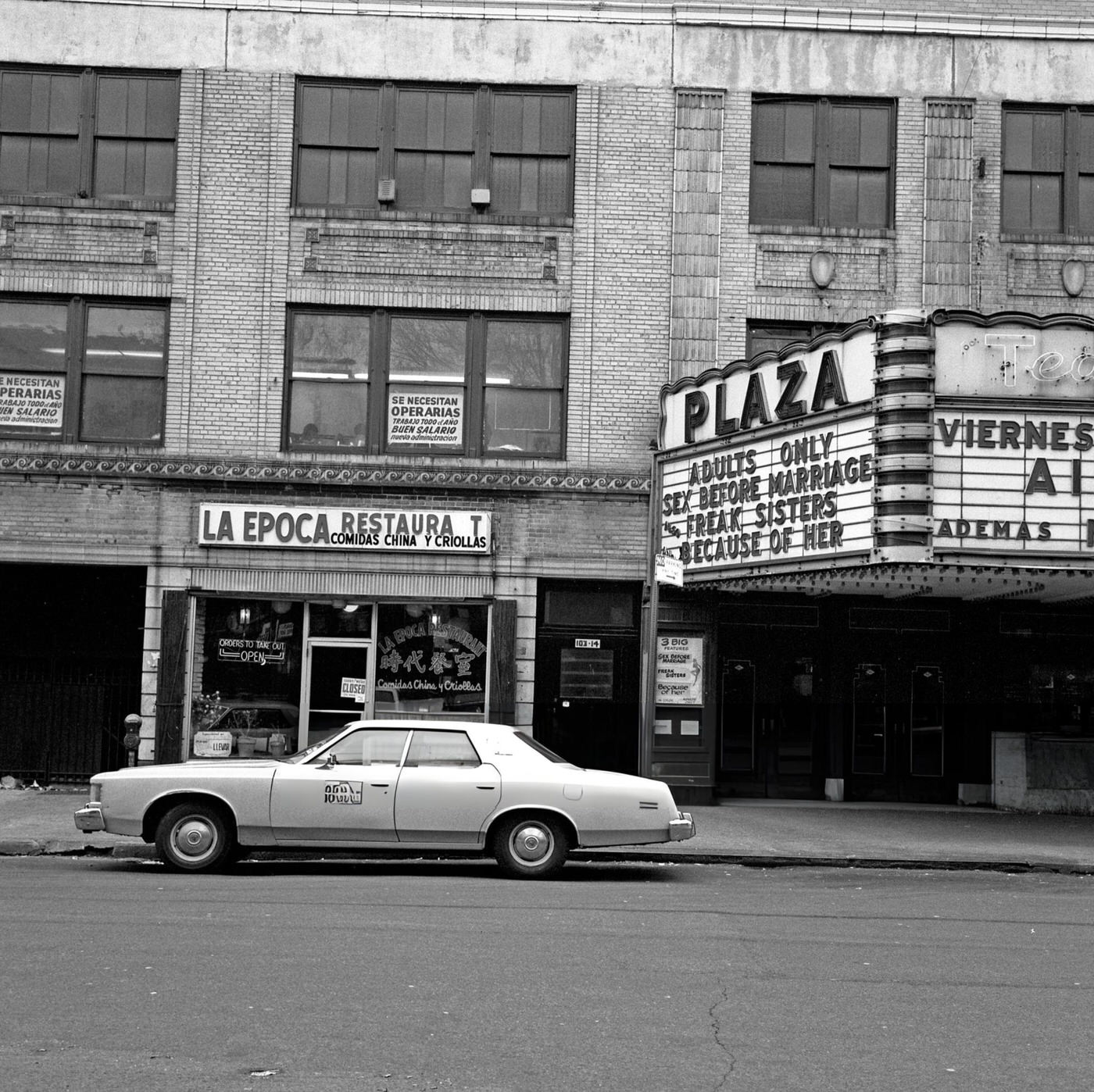La Epoca Restauarant And The Plaza Theater Marquee On Roosevelt Avenue, 1975.