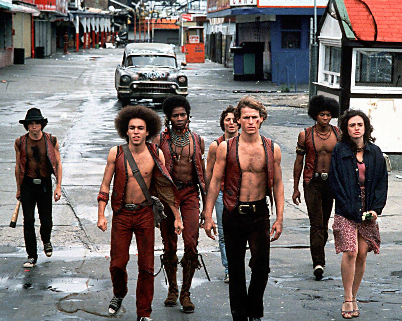 Scene From 'The Warriors' With The Gang Walking Along Bowery Street In Coney Island, Brooklyn, 1979