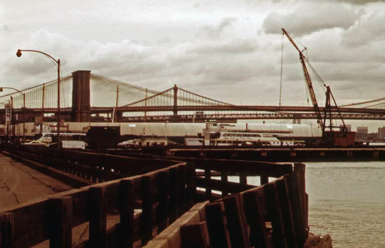Brooklyn And Manhattan Bridges From The Marine And Aviation Terminal, 1973.