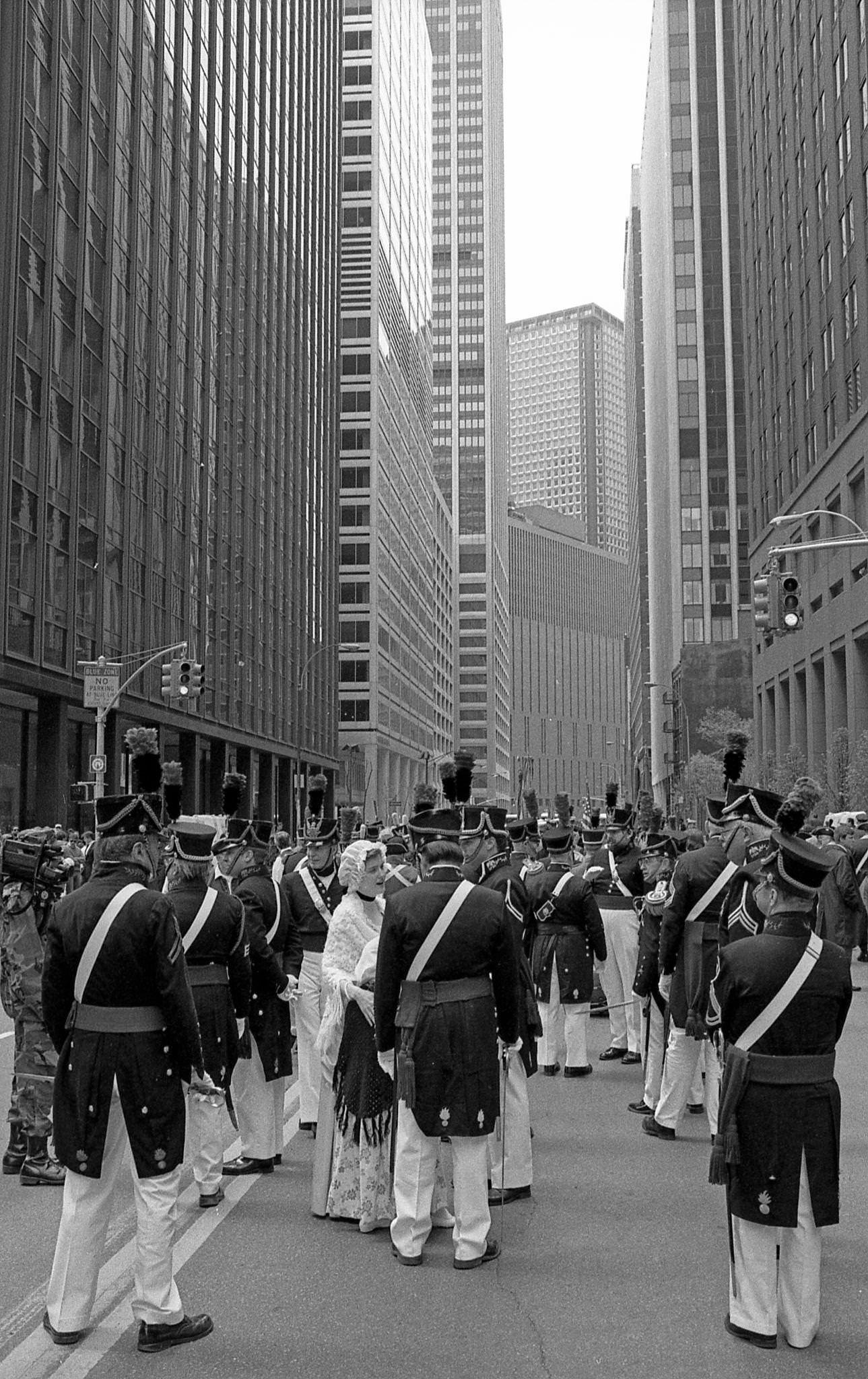 Marchers At The Bicentennial Presidential Parade, Wearing Colonial Outfits On Water Street, Manhattan, 1989