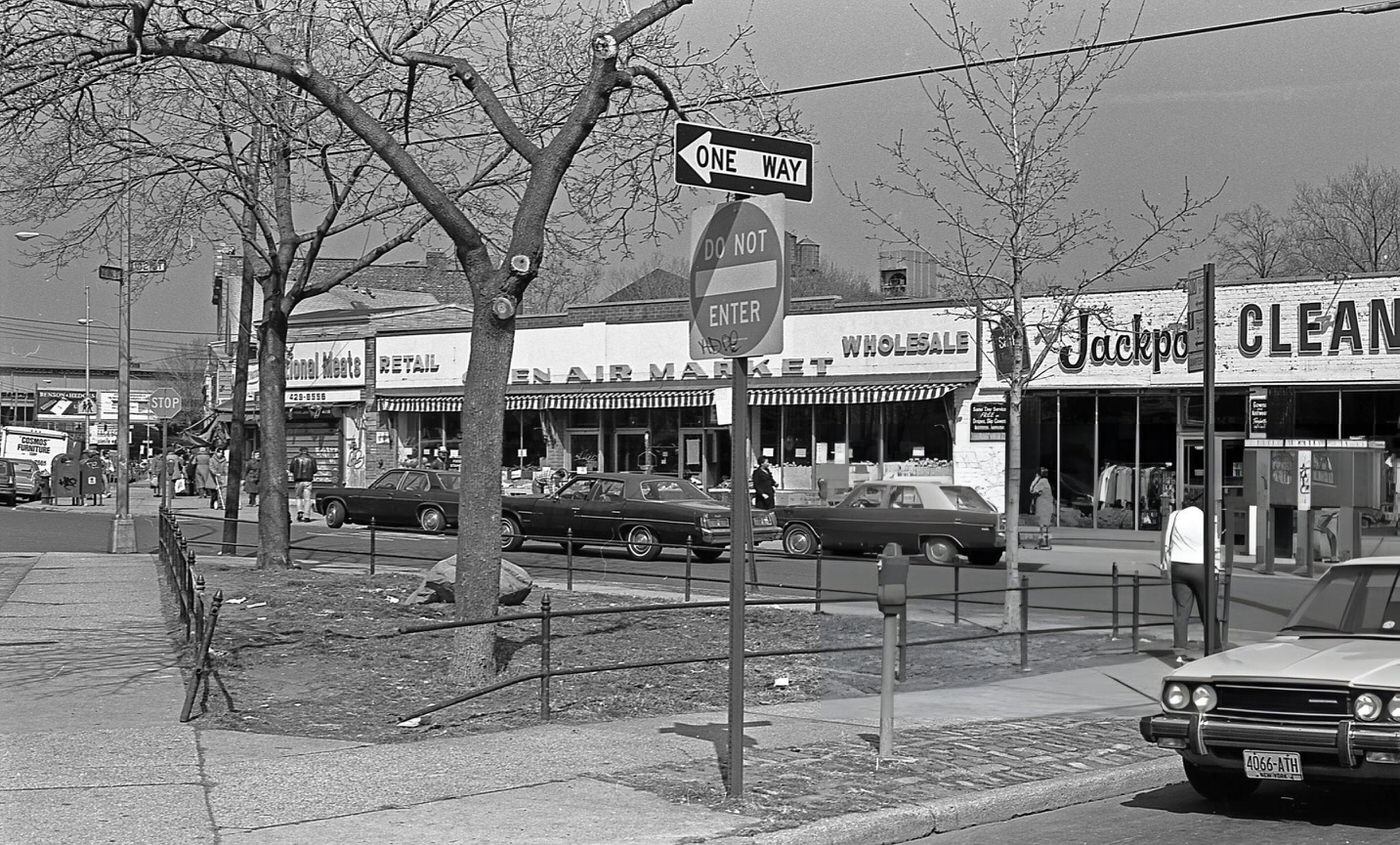 Veteran'S Square Park And Businesses Along 102Nd Street, Corona, Queens, 1984.