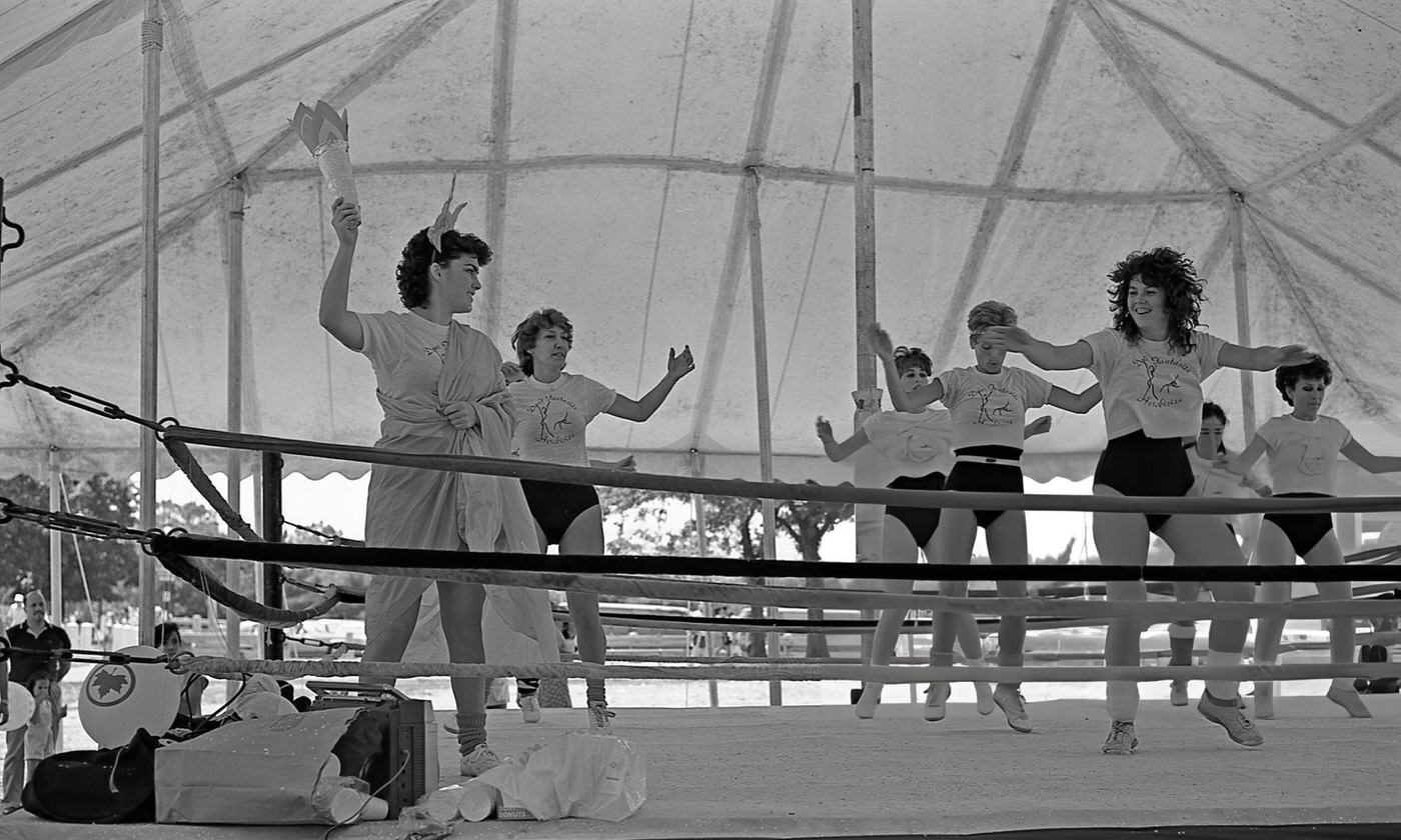 Aerobics Instructors Work Their Routine In A Boxing Ring In Flushing Meadows Park, Corona, Queens, 1986.