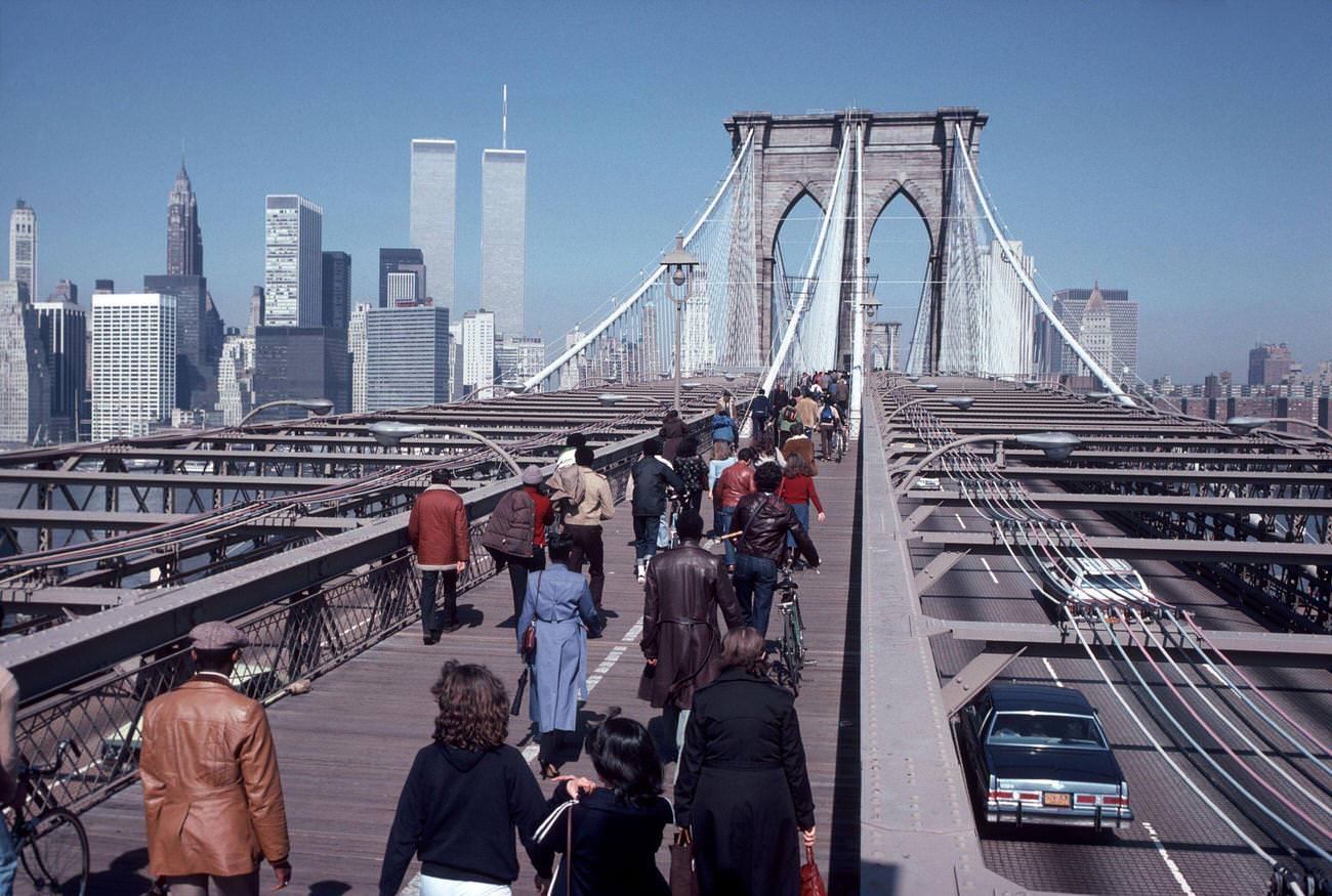 Commuters Walk Over Brooklyn Bridge During Transit Strike, 1980