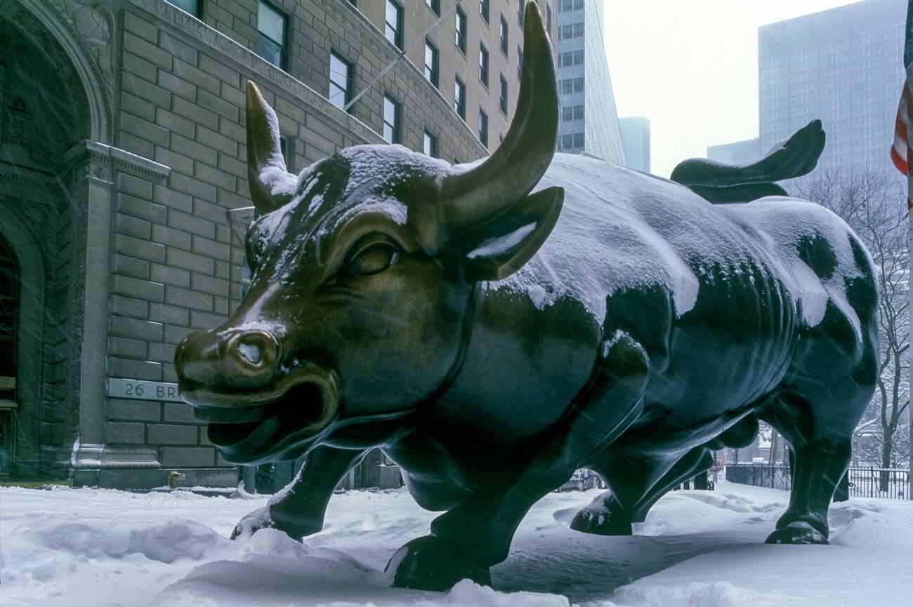 Snow Covered Charging Bull Statue Broadway Financial District Manhattan, 2000S.