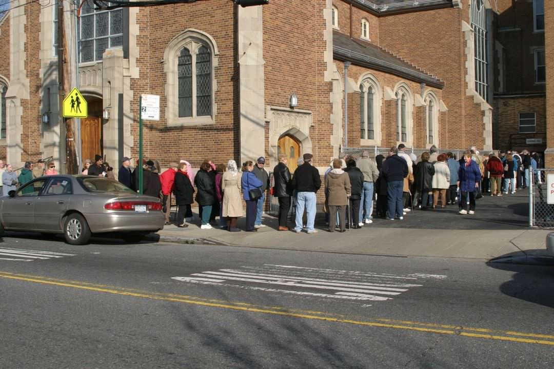 Hundreds Wait For Flu Shots At Our Lady Queen Of Peace R.c. Church, New Dorp, 2004.