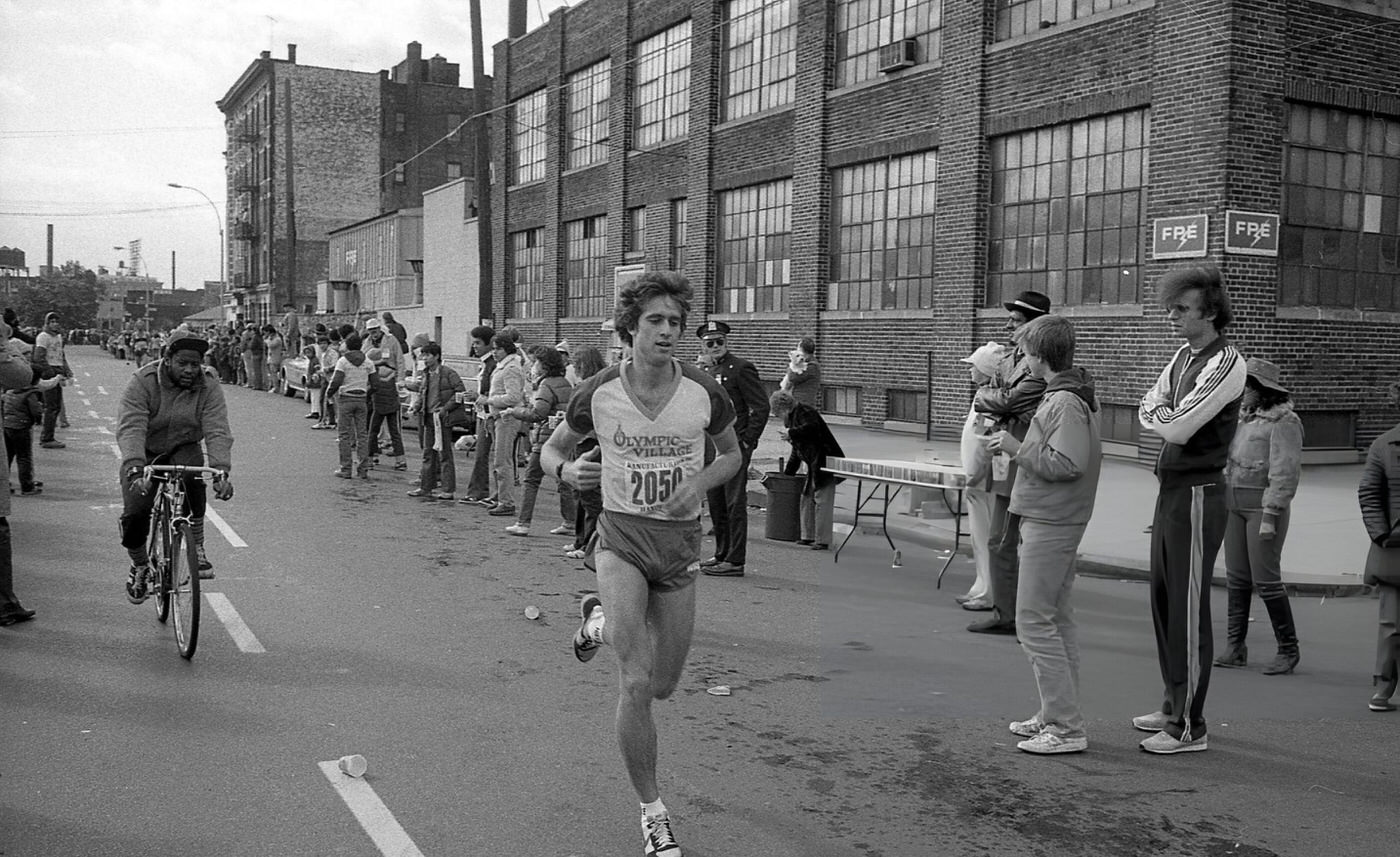 A Runner Passes The 14-Mile Marker On Crescent Street During The New York City Marathon, Queens, 1980.
