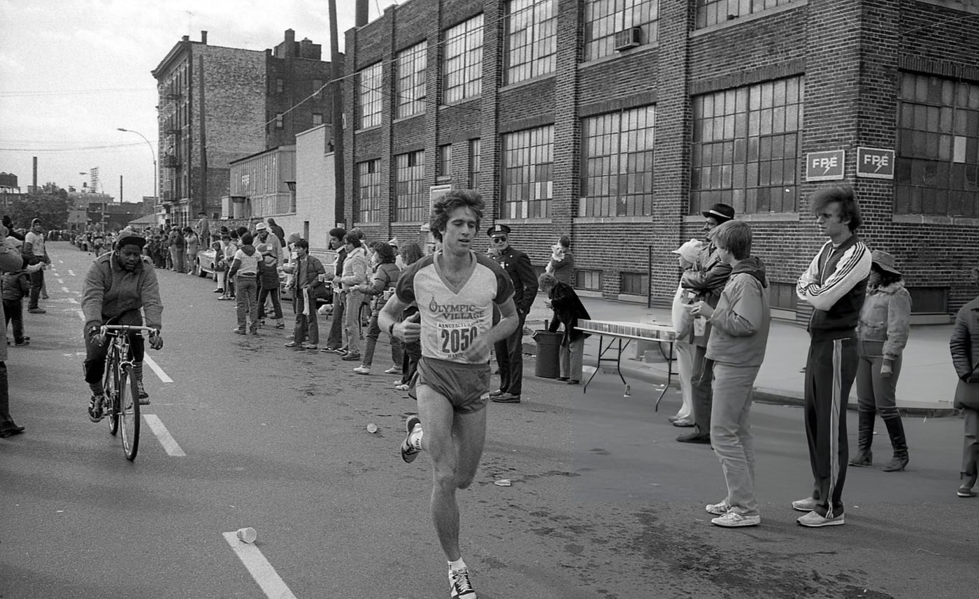 A runner passes the 14-mile marker on Crescent Street during the New York City Marathon, Queens, 1980.