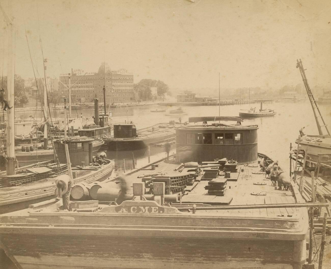 New York City Harbor Scene On The East River, Featuring The Sohmer And Company Piano Factory In Astoria, 1891.