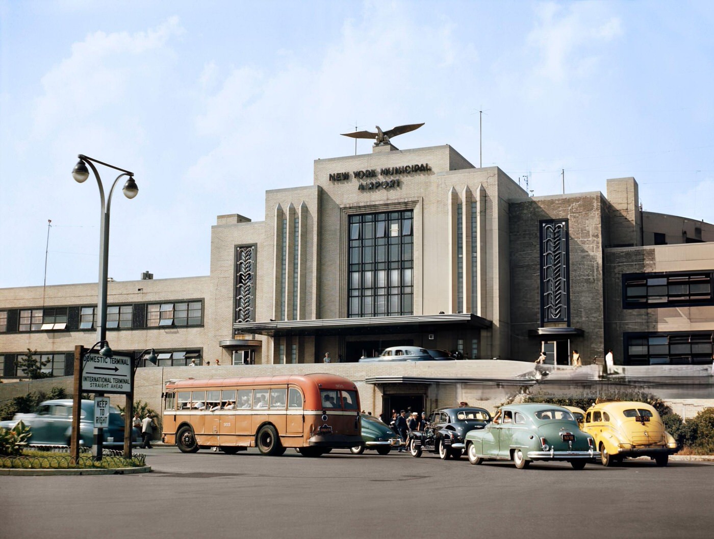 Buses, Taxis, And Cars Outside The Main Building Of Laguardia Airport In Queens, New York City, 1940S.