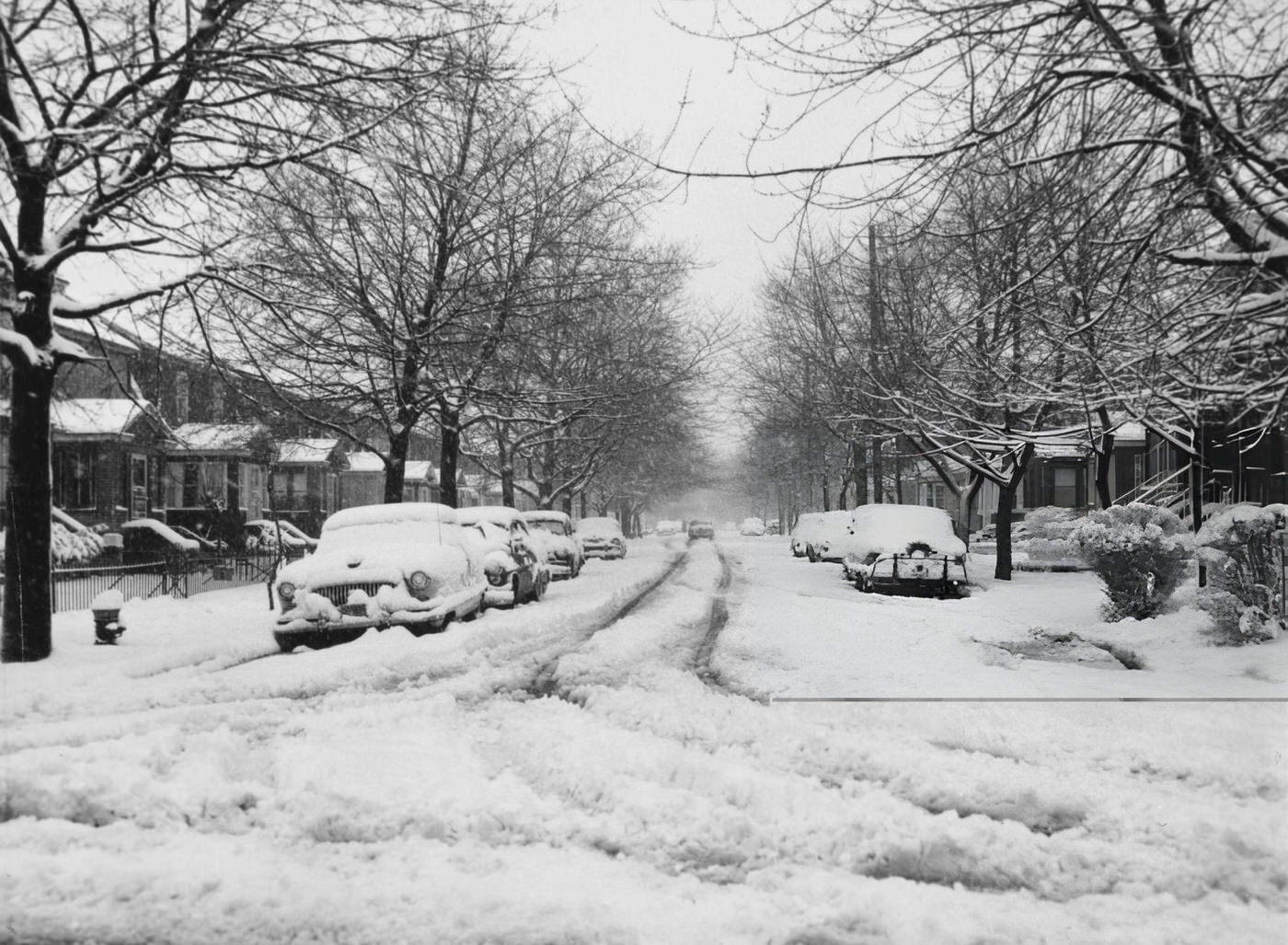 A Street Under A Blanket Of Snow In Jamaica, Queens, New York City, 1958.