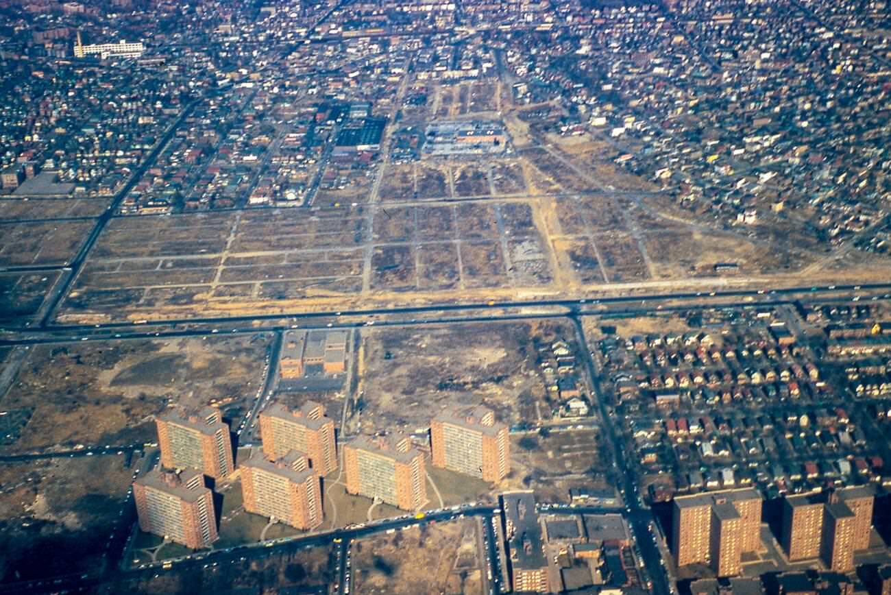 An Aerial View Of Rego Park, Elmhurst, And Corona In Queens With The Long Island Expressway Visible, 1957.