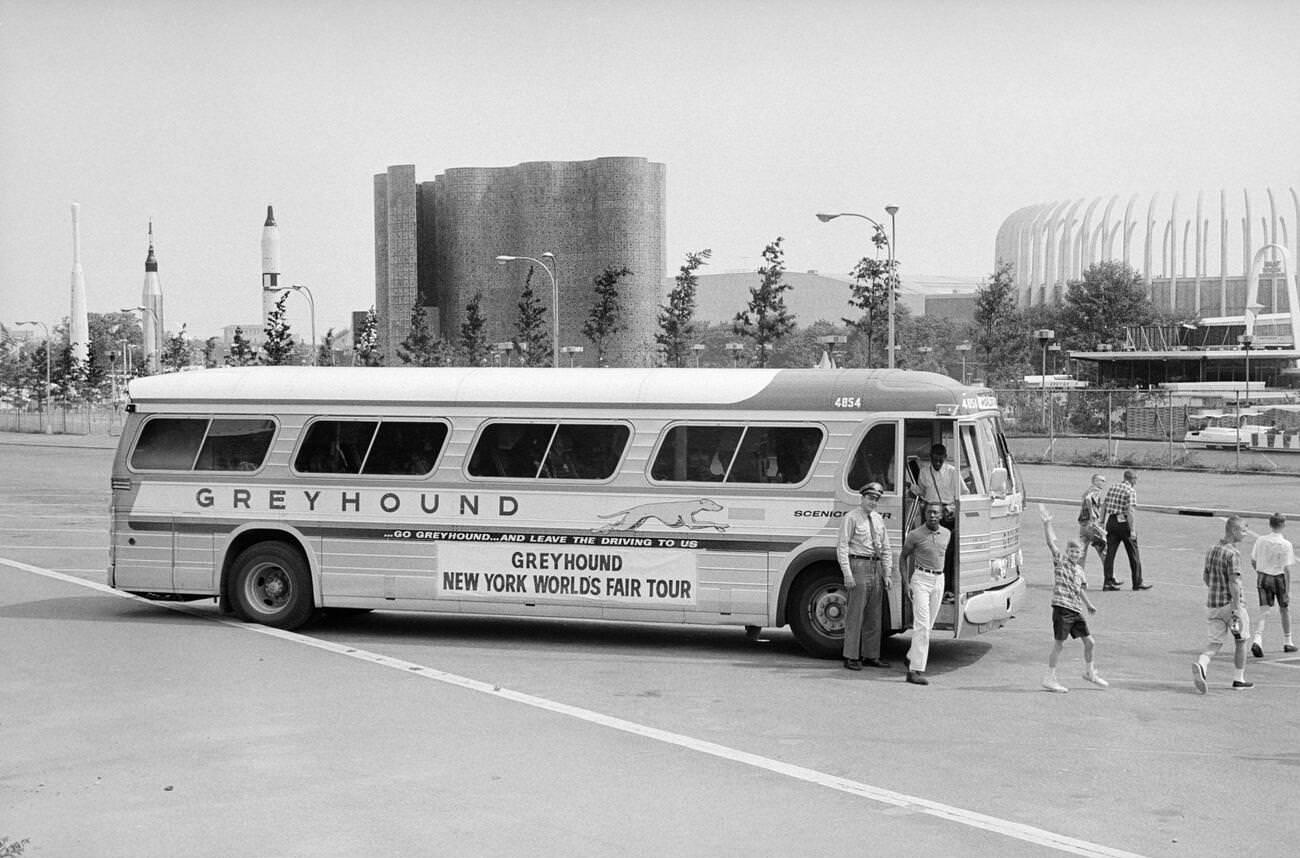 A Greyhound Bus Arrives At The New York World'S Fair In Flushing Meadows–Corona Park, Queens, 1965.