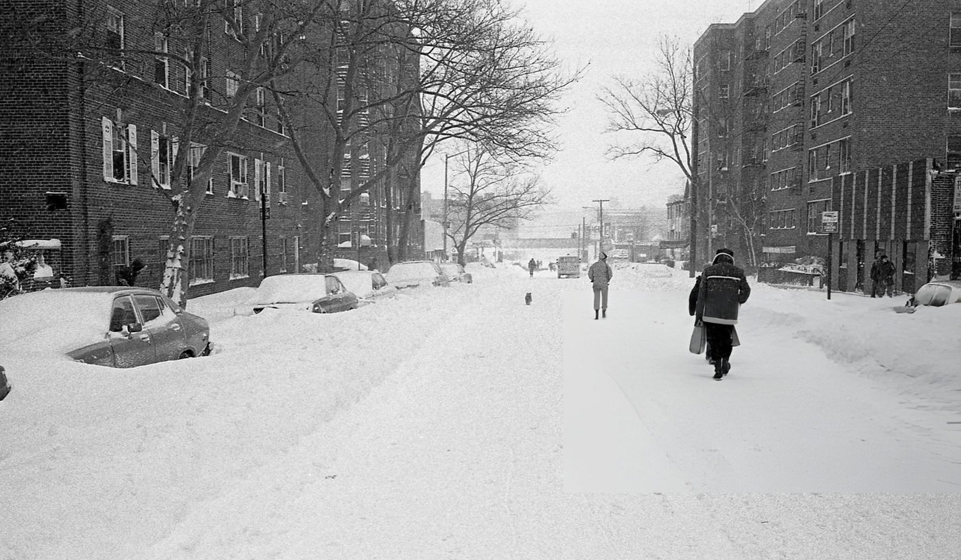 Pedestrians Walking In The Middle Of The Street In Queens During The Blizzard Of 1978.