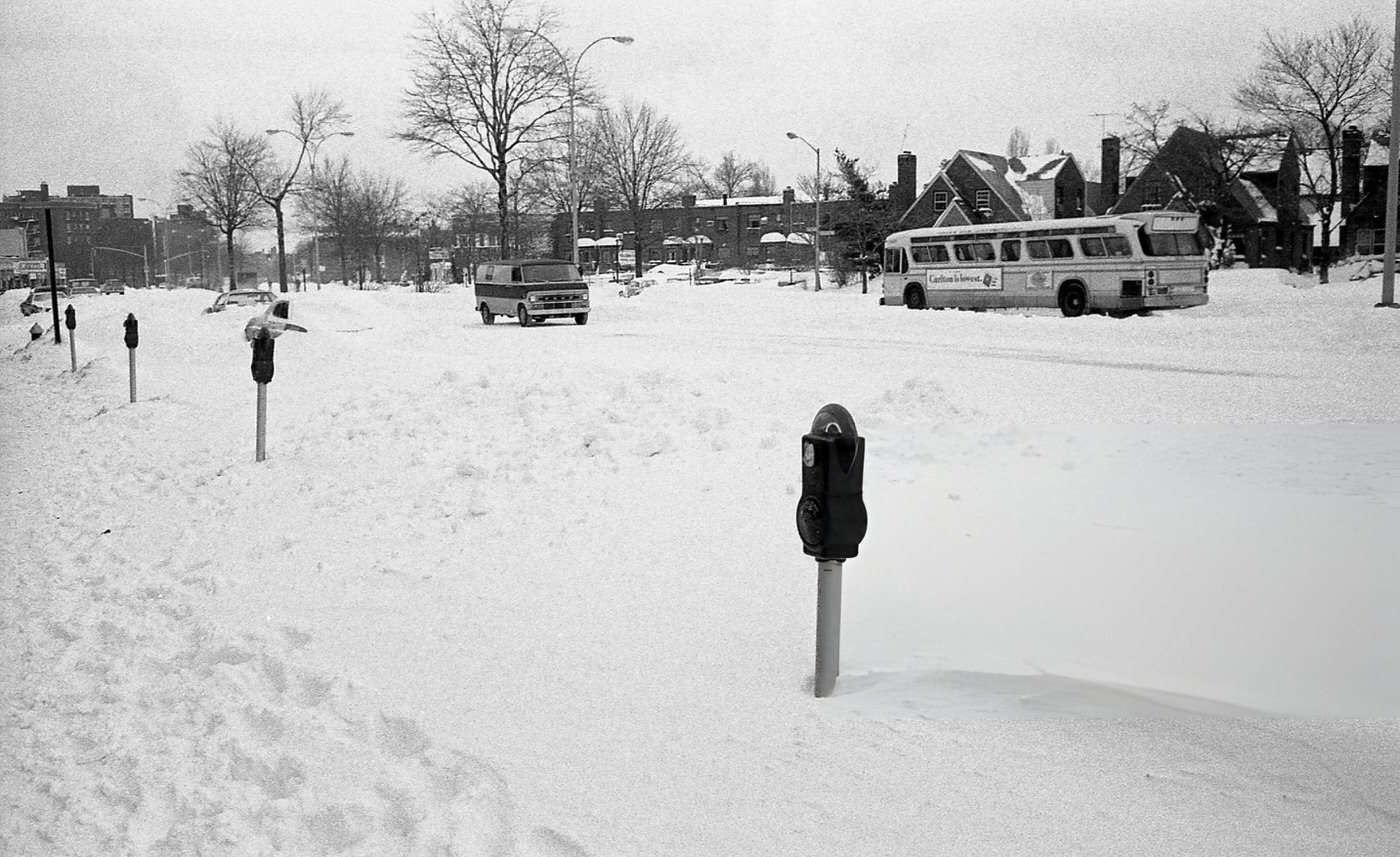 Parking Meters And Vehicles Buried In Deep Snow Along Woodhaven Boulevard During The Blizzard Of 1978.