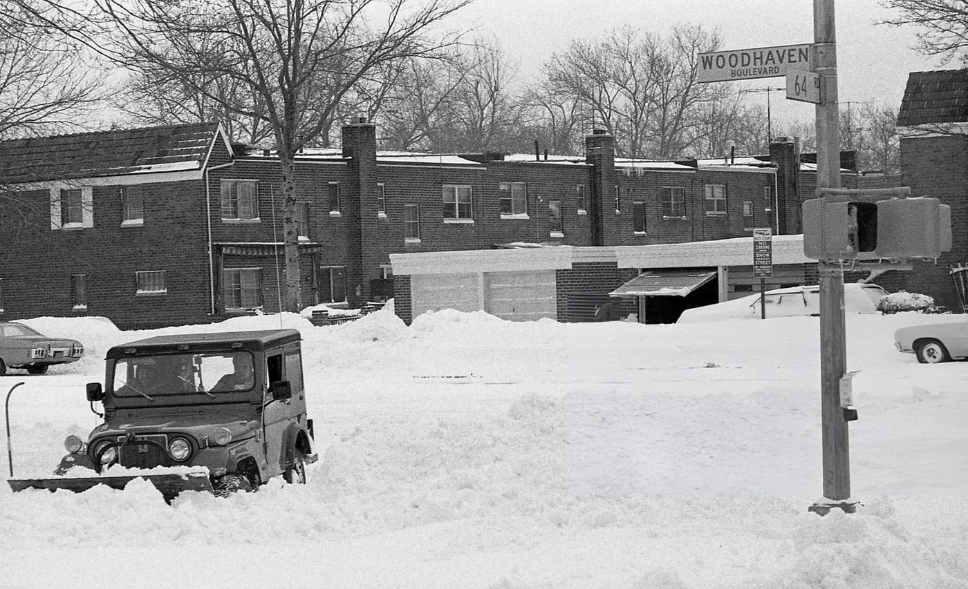 A Man Attaches A Snow Plow To The Front Of His Jeep, And Clears Snow Off Of Woodhaven Boulevard In Queens In The Aftermath Of The Blizzard Of 1978.