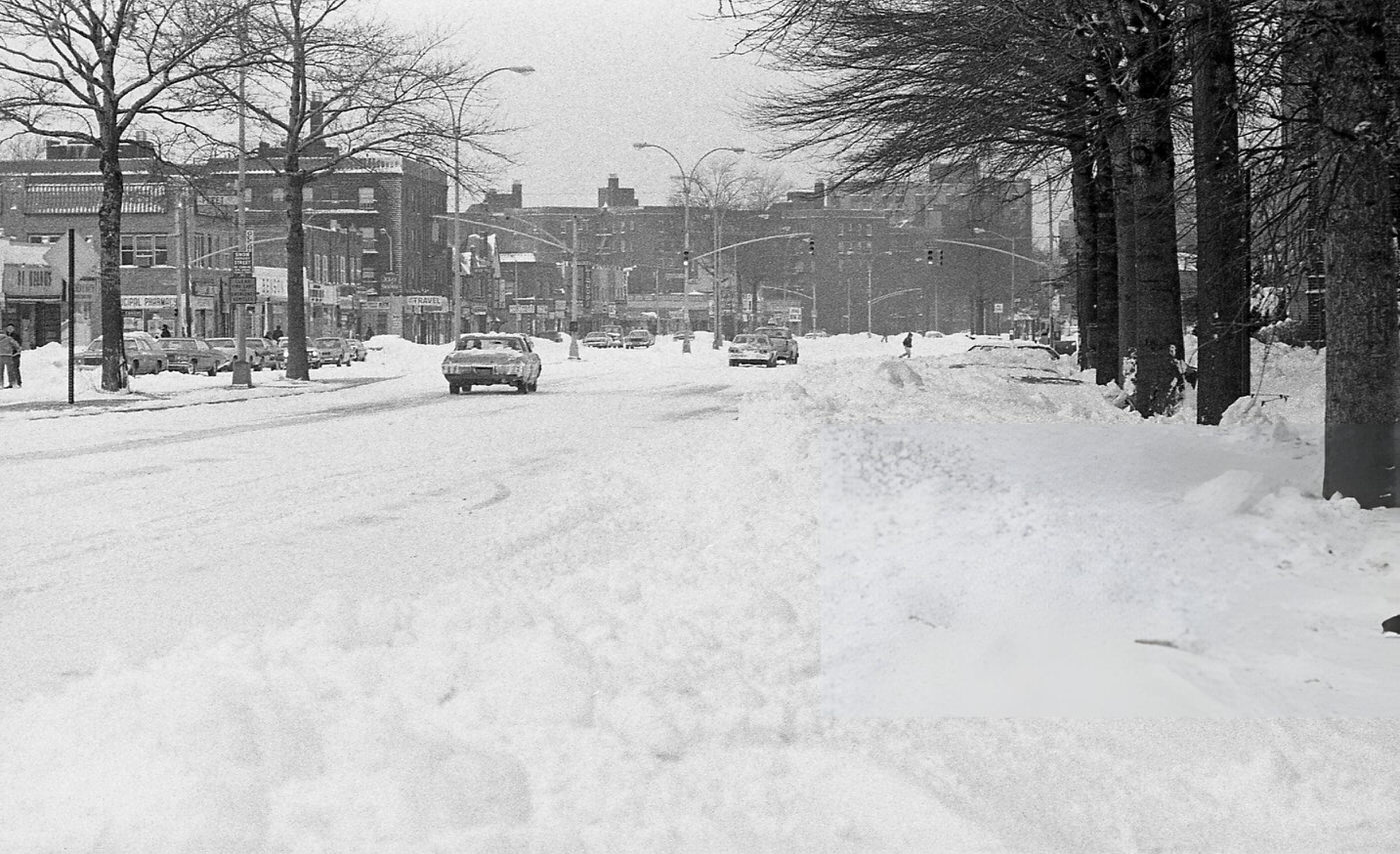 Vehicles Drive Down A Snow Covered Woodhaven Boulevard In Queens The Day After The Blizzard Of 1978.