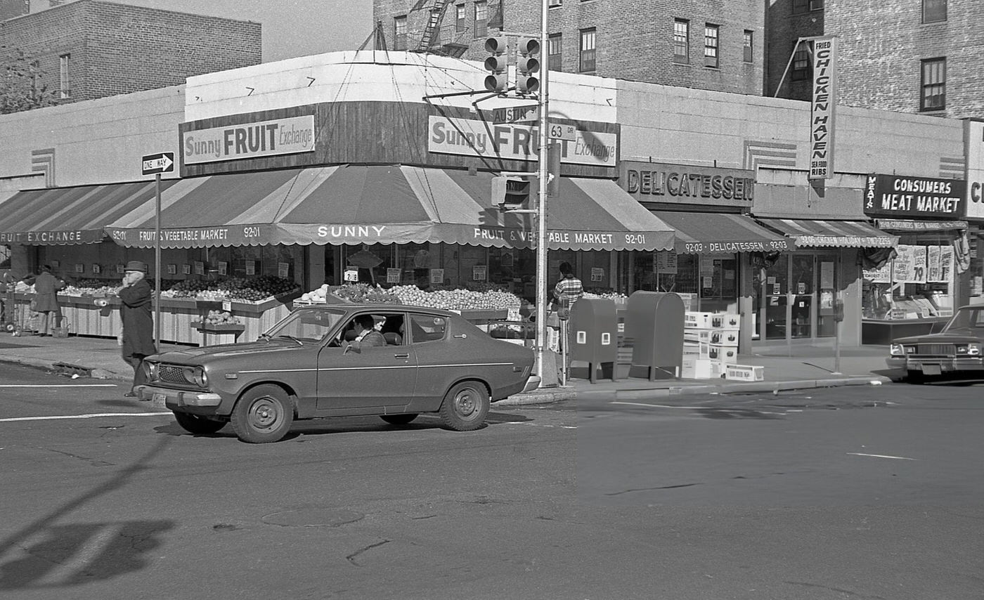Pedestrians In Front Of The Sunny Fruit &Amp;Amp; Vegetables Market At The Intersection Of 63Rd Drive And Austin Street In Rego Park, Queens, 1978.