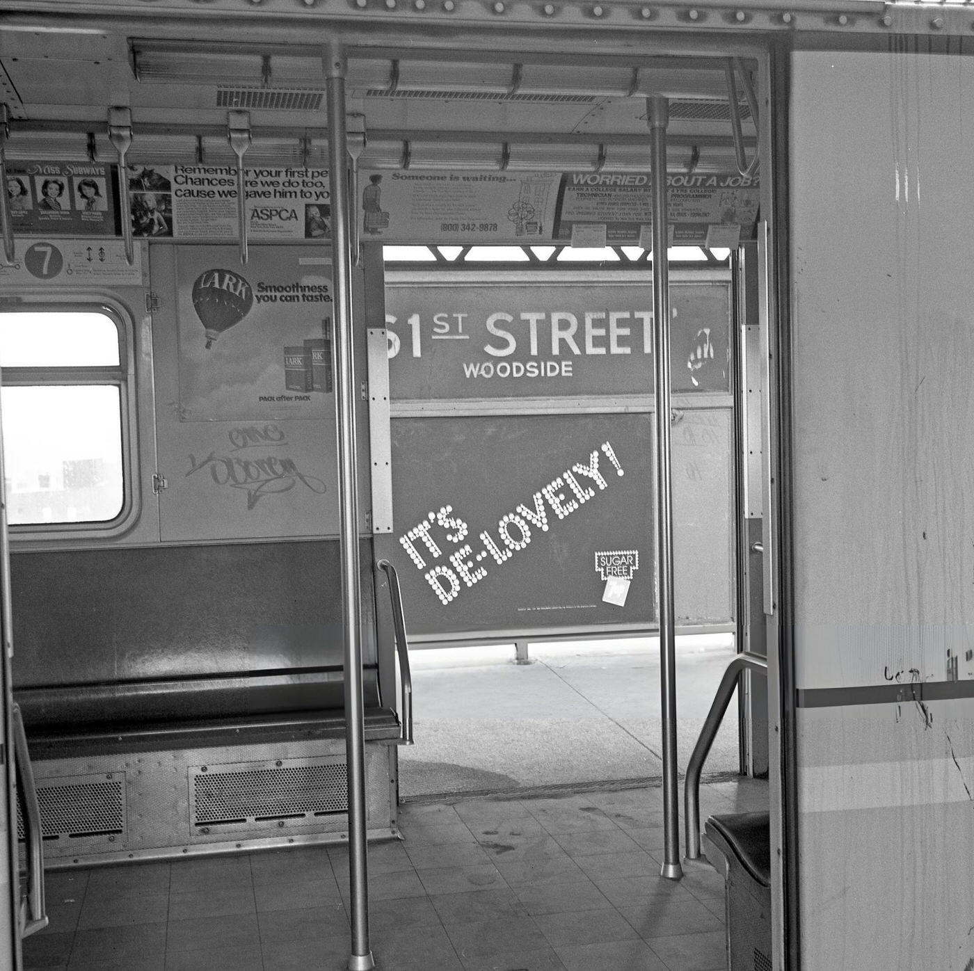View Through The Open Door Of 7 Train At The 61St Street-Woodside Subway Station, Queens, 1975.