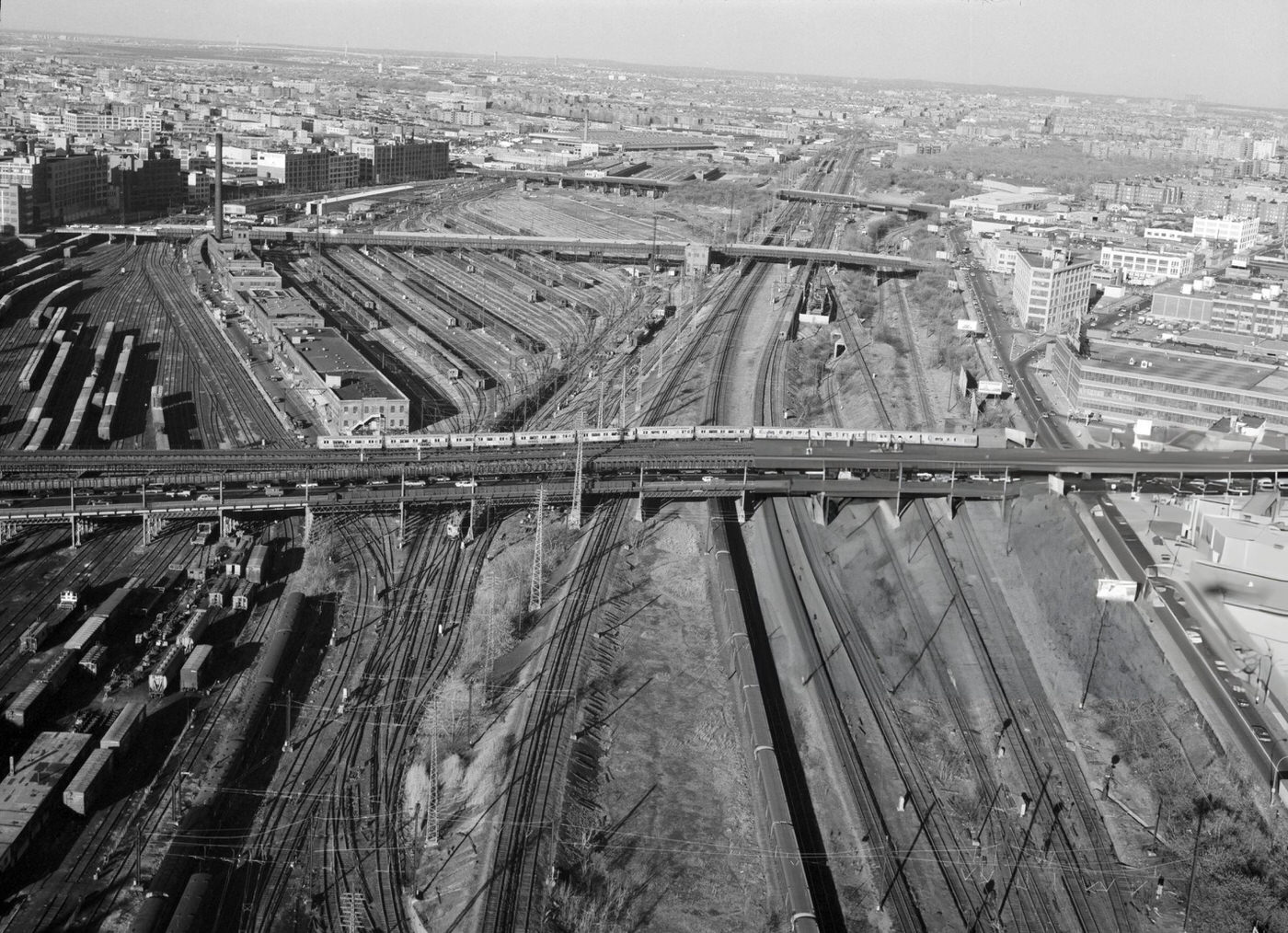 A Train Travels Along The Honeywell Street Bridge That Crosses The Sunnyside Yards In Long Island City, Queens, 1977.