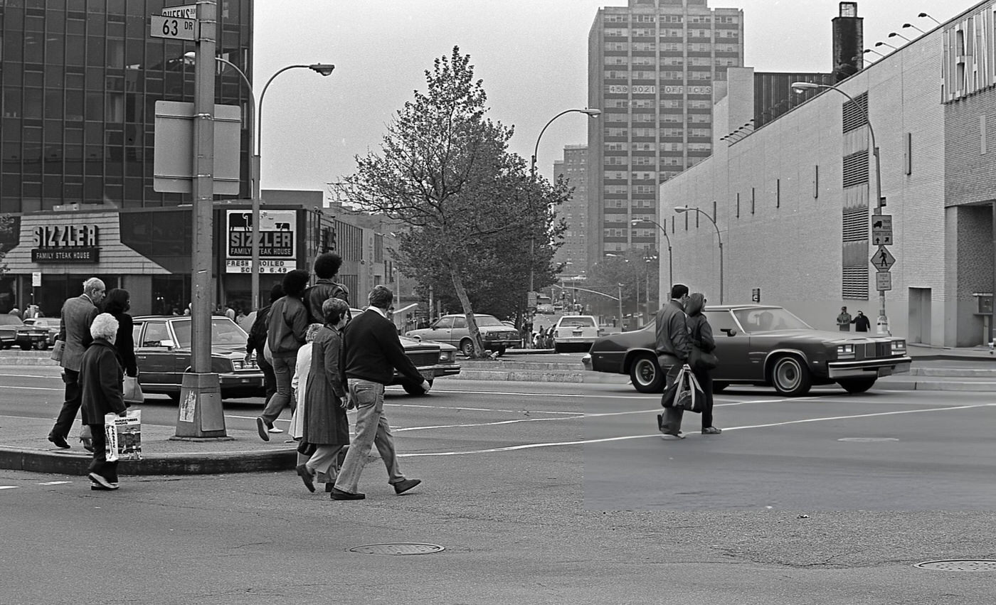 Pedestrians Cross Queens Boulevard At The 63Rd Drive Intersection In Rego Park, Queens, 1984.