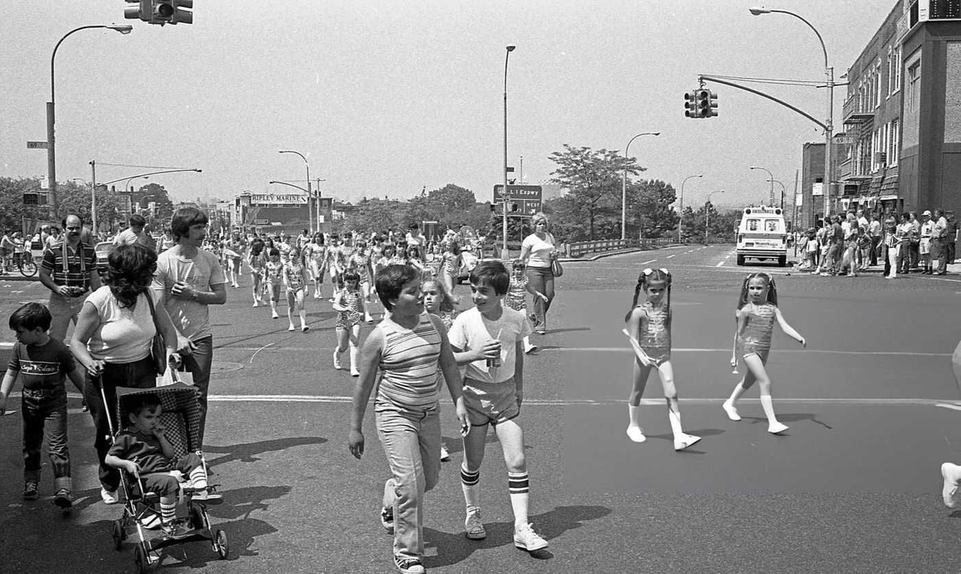 Majorettes From An Elementary School Marching Band On Grand Avenue During The Memorial Day Parade In Maspeth, Queens, 1981.