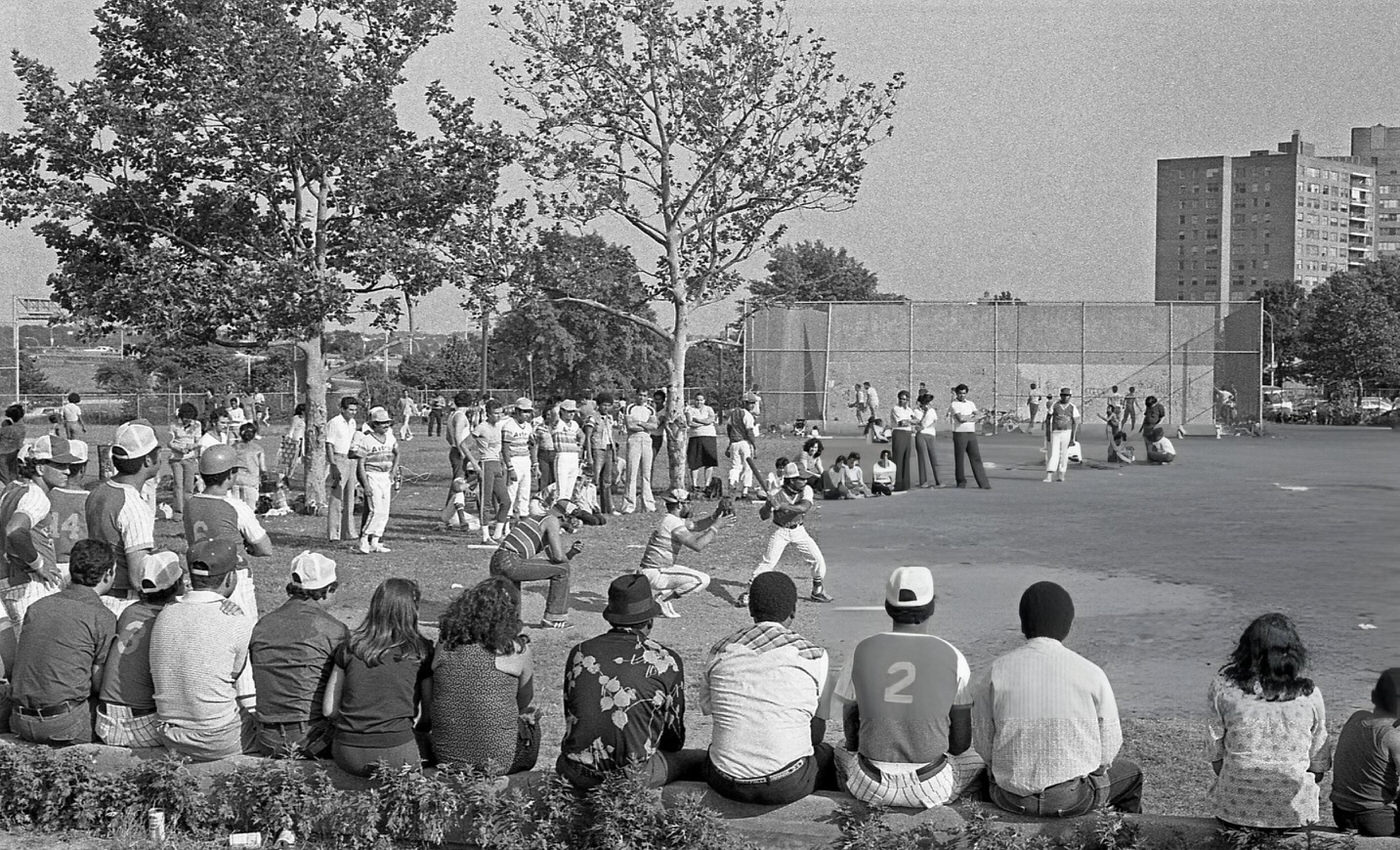 Players And Spectators Watch A Baseball Game In Flushing Meadows Park, Corona, Queens, 1980.
