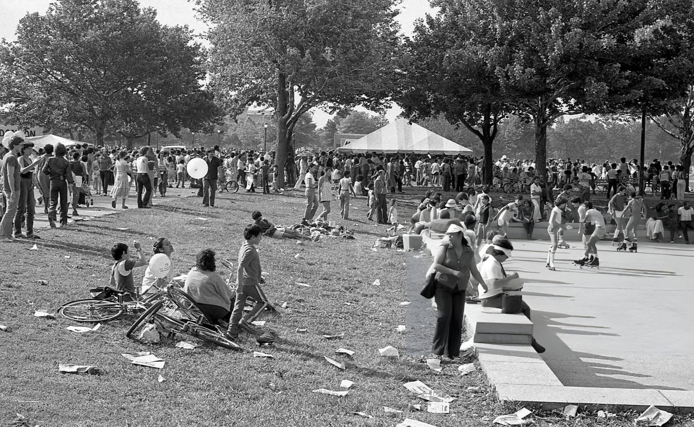 People Gather On The Lawn, Footpaths, And Recreational Areas In Flushing Meadows Park, Corona, Queens, 1980.