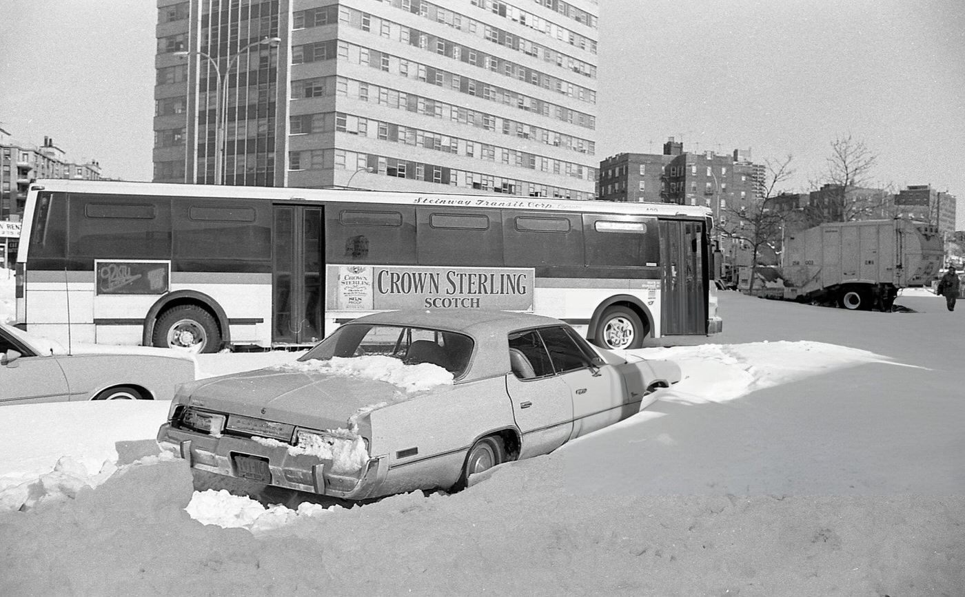 Stranded Vehicles Along Queens Boulevard After A Blizzard, Rego Park, Queens, 1983.