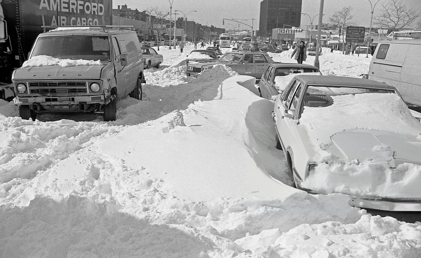 Stranded Vehicles Along Queens Boulevard After A Blizzard, Rego Park, Queens, 1983.