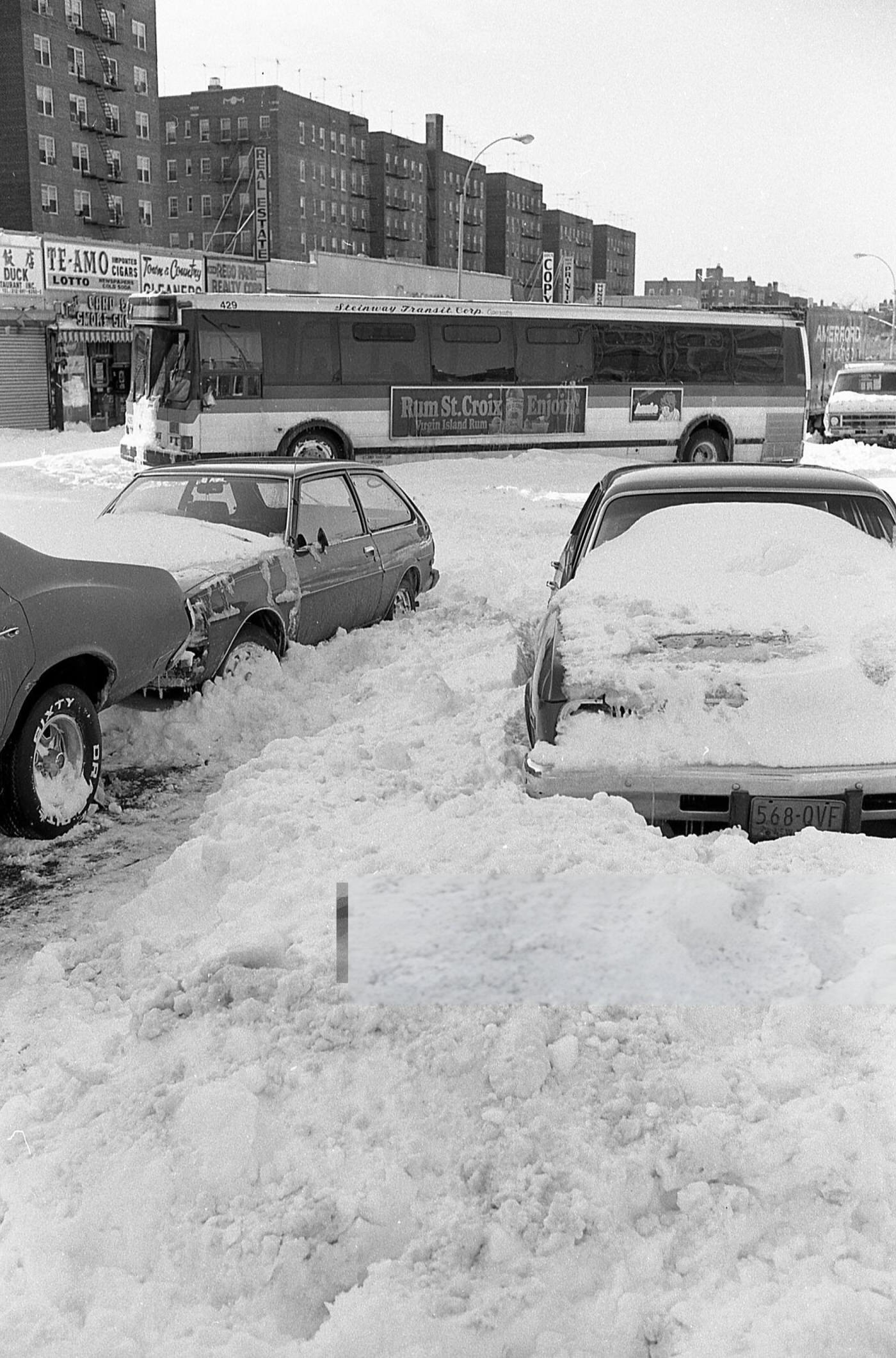 Stranded Cars And A City Bus On Queens Boulevard After A Blizzard, Rego Park, Queens, 1983.