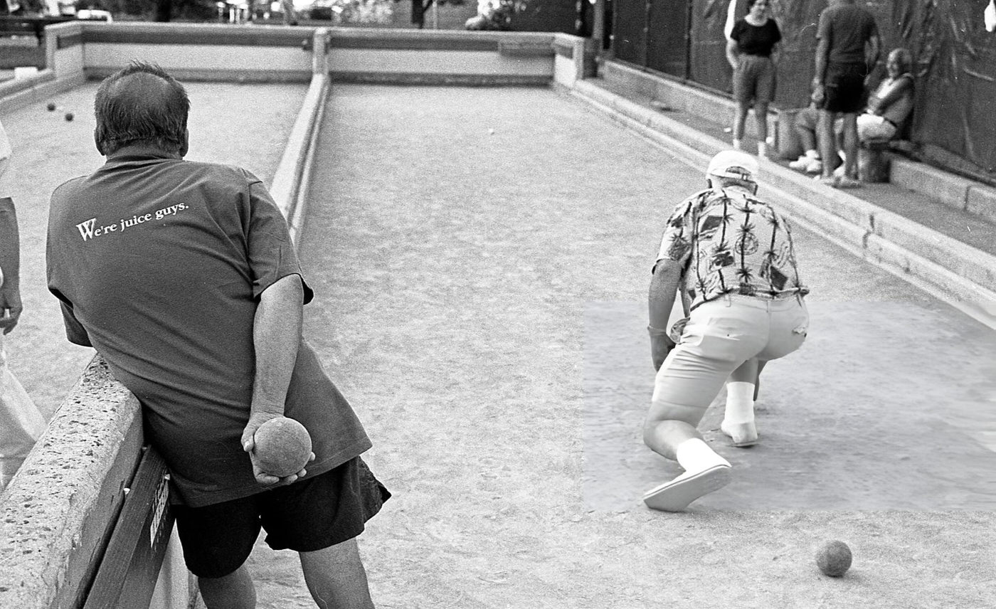 Two Men Play Bocce Ball In Juniper Valley Park, Middle Village, Queens, 1997.