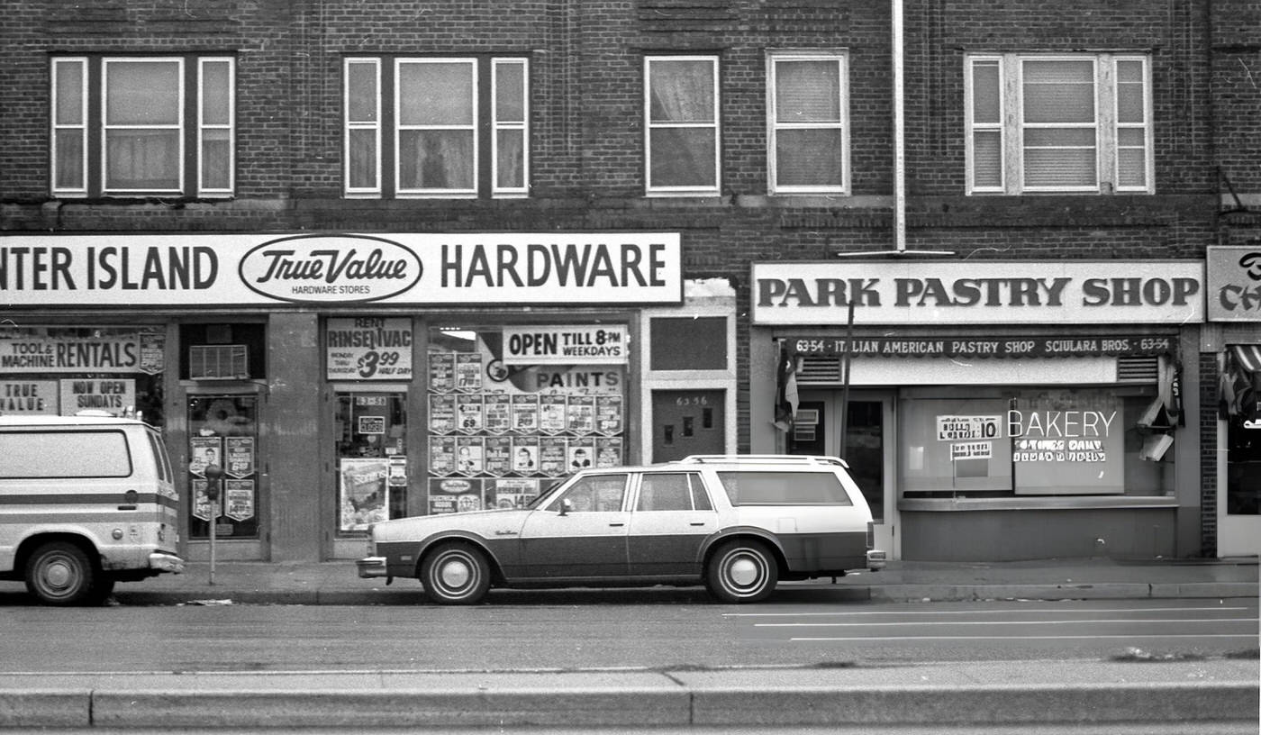 True Value Hardware Stores And Park Pastry Shop On Woodhaven Boulevard In Rego Park, Queens, 1979.