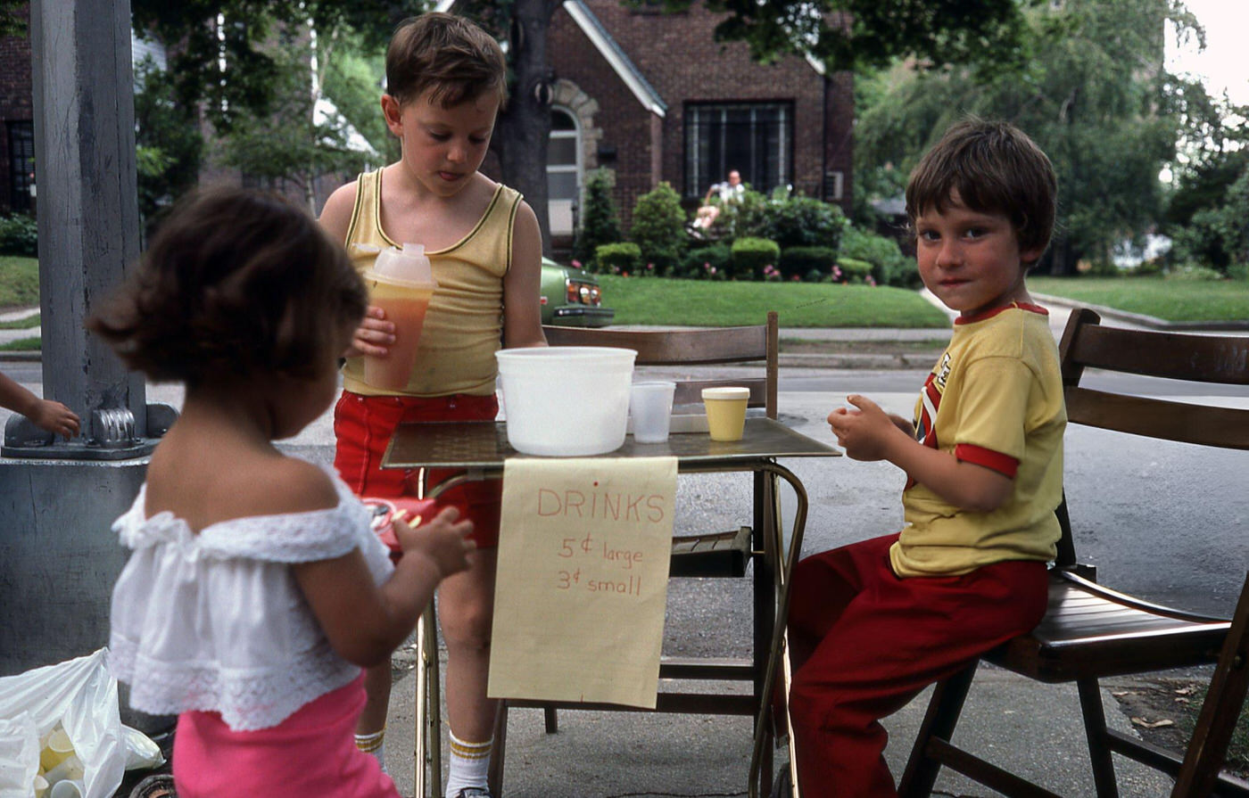 Children At A Lemonade Stand On Fitchett Street In Rego Park, Queens, Selling Two Sizes, 1970S.