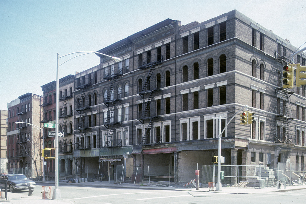 View NE along Manhattan Ave. from W. 120th St., Harlem, 1995