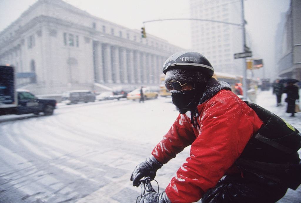 Man Wearing Scarf On Face Riding Bicycle In Manhattan, 1996