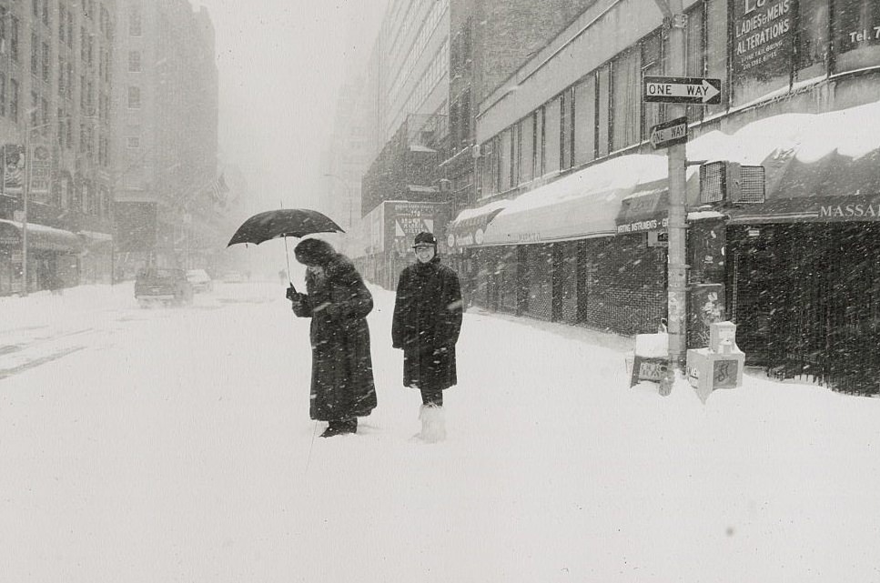 Old Woman With Umbrella And Friend Standing In Snowstorm, 1996